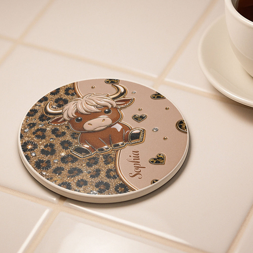 Personalized Cute Highland Cow Ceramic Coaster Gift for Her