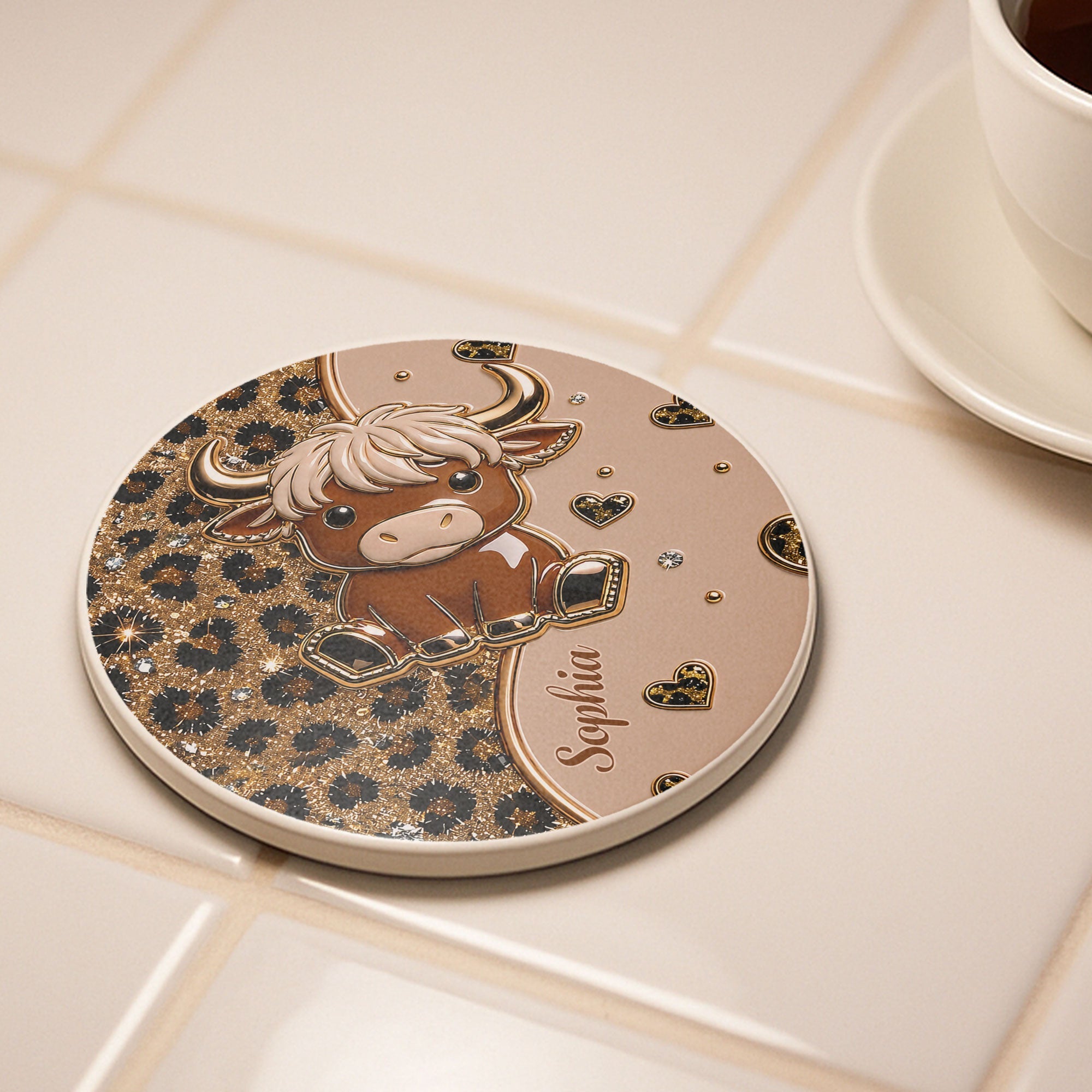 Personalized Cute Highland Cow Ceramic Coaster Gift for Her