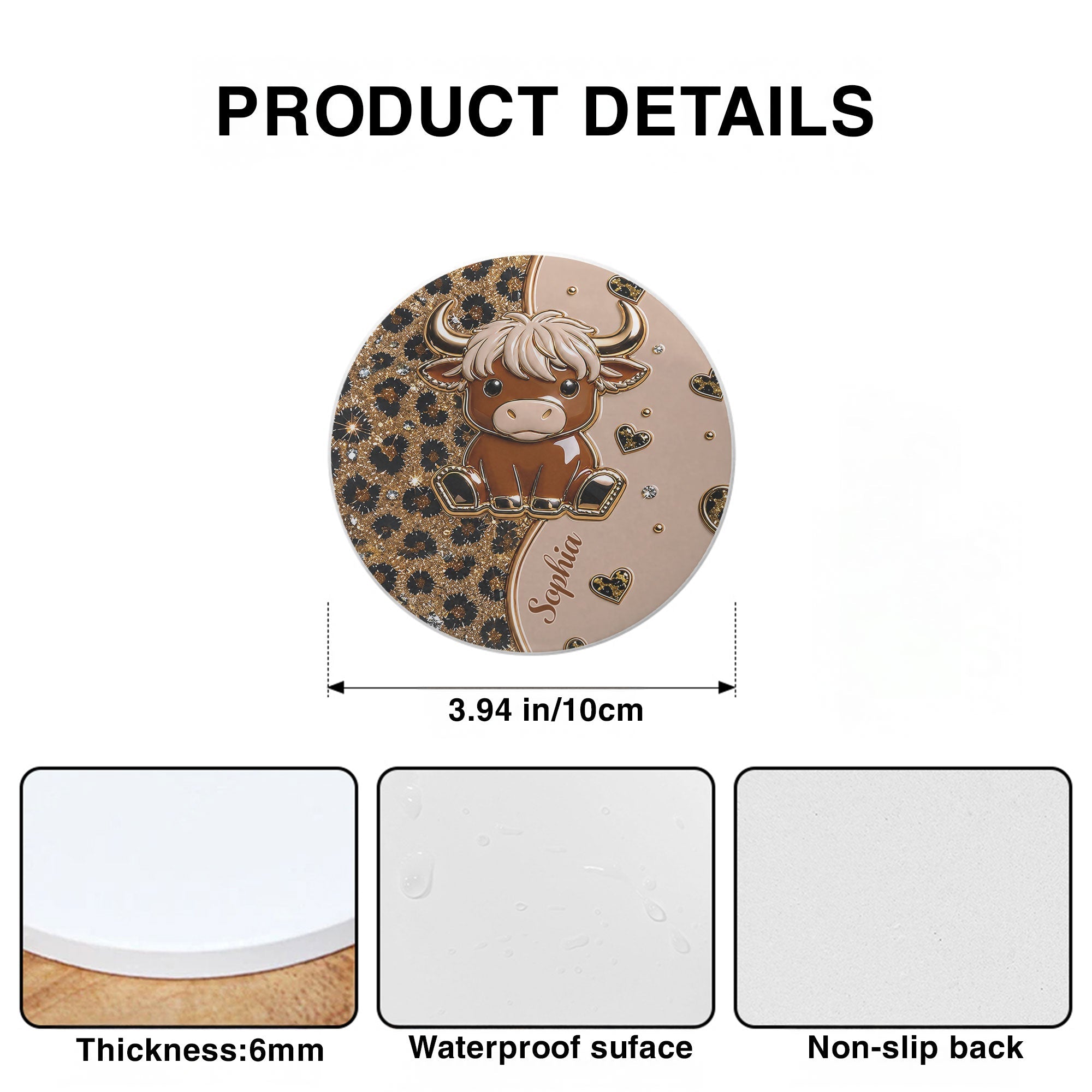 Personalized Cute Highland Cow Ceramic Coaster Gift for Her