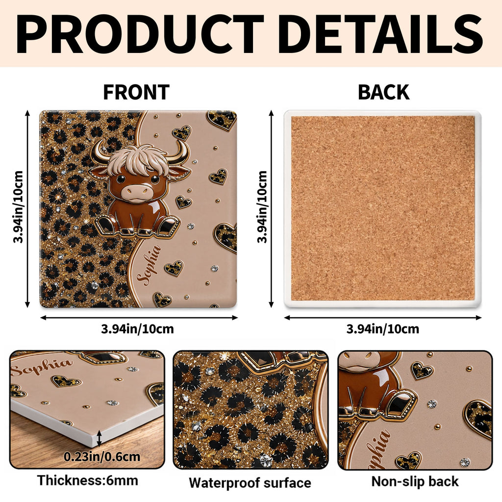 Personalized Square Ceramic Coaster Cute Highland Cow Gift