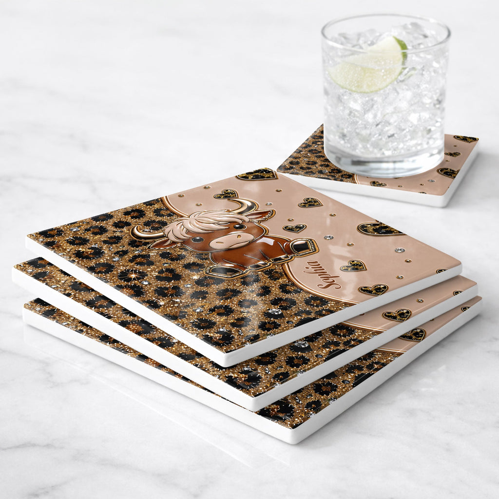 Personalized Square Ceramic Coaster Cute Highland Cow Gift