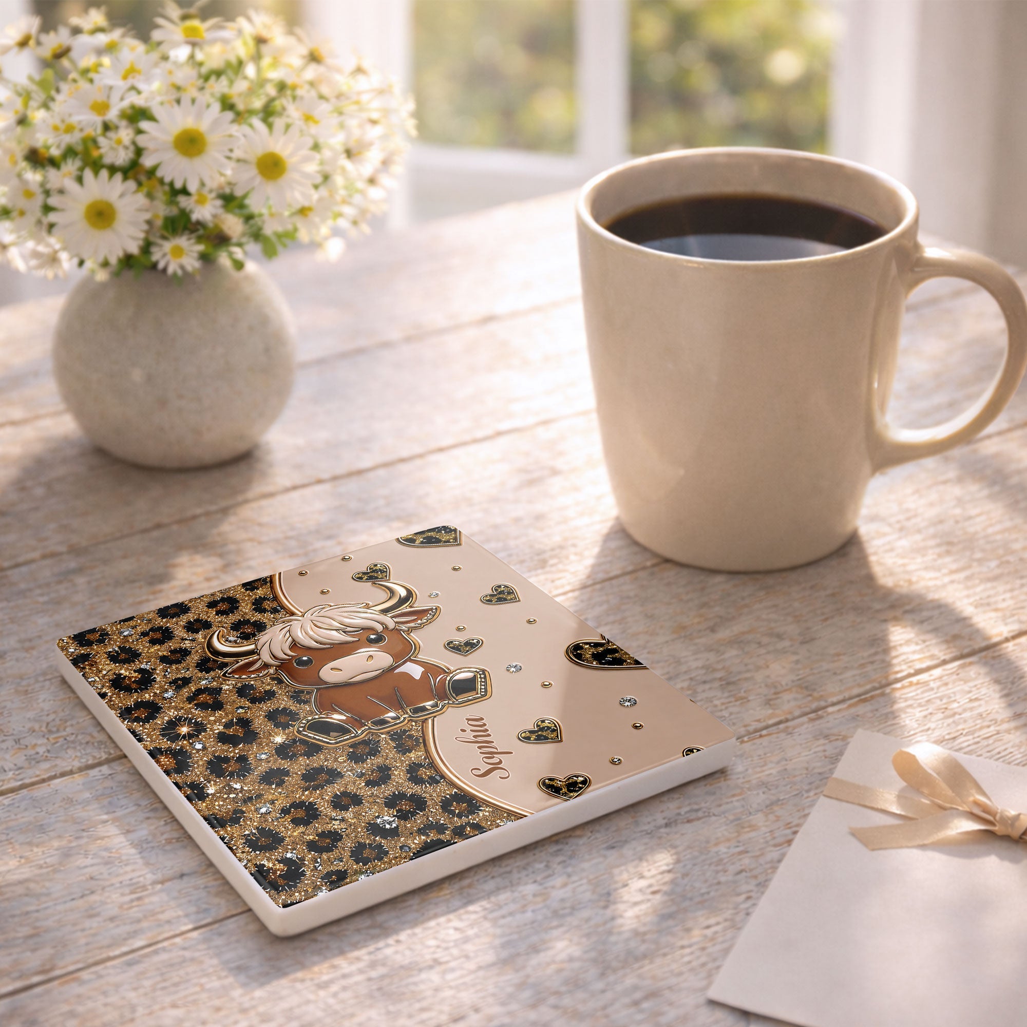 Personalized Square Ceramic Coaster Cute Highland Cow Gift