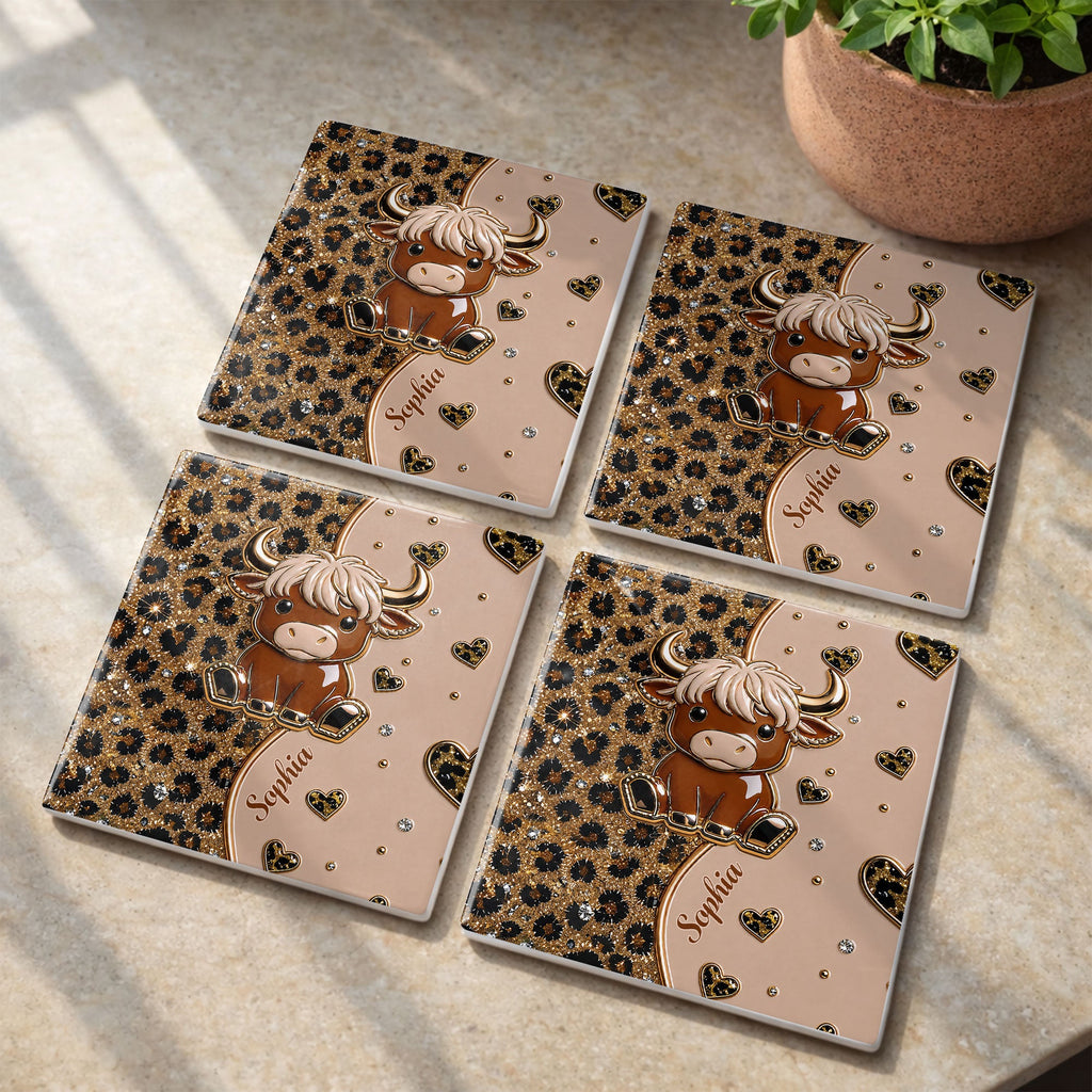 Personalized Square Ceramic Coaster Cute Highland Cow Gift