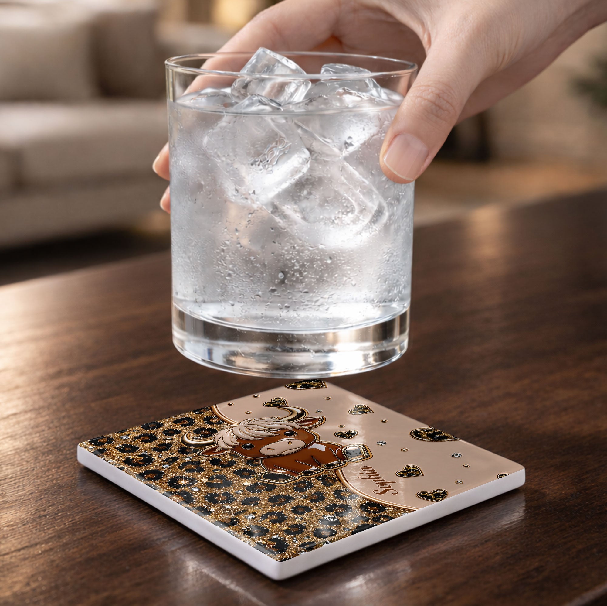 Personalized Square Ceramic Coaster Cute Highland Cow Gift