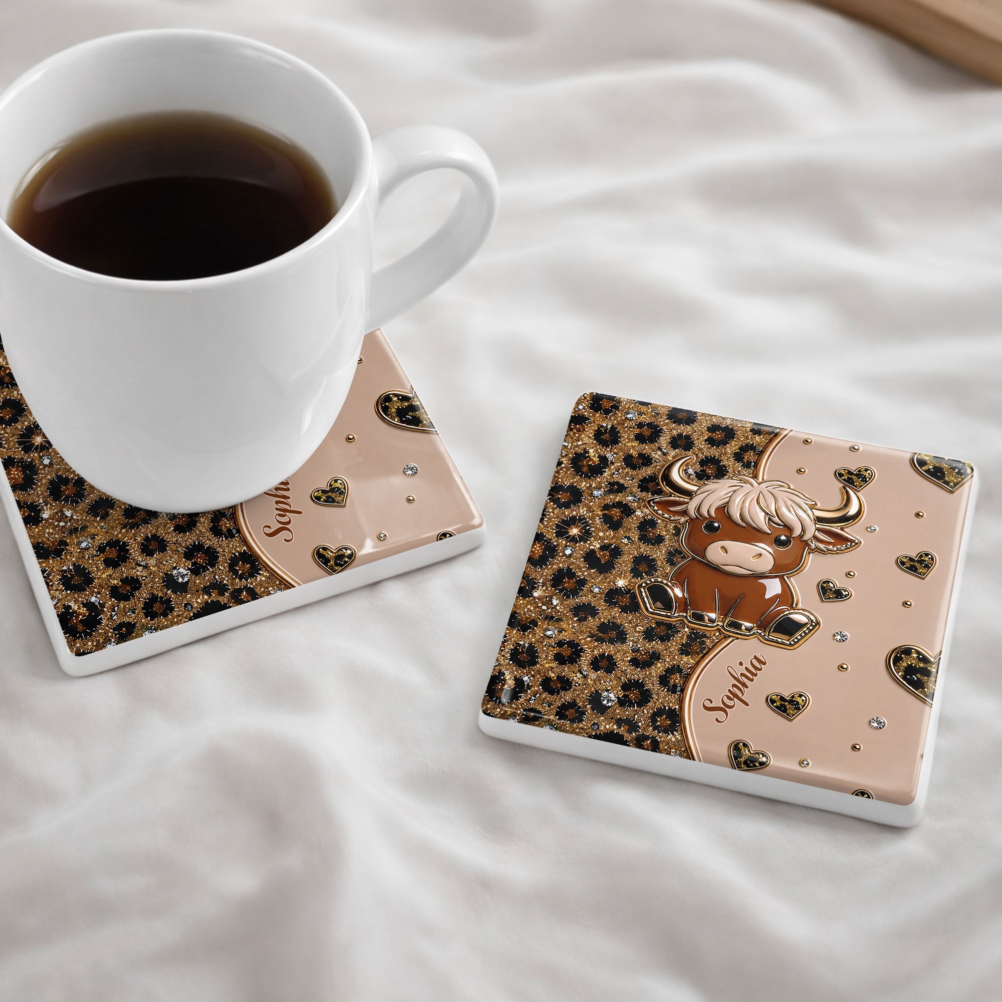Personalized Square Ceramic Coaster Cute Highland Cow Gift