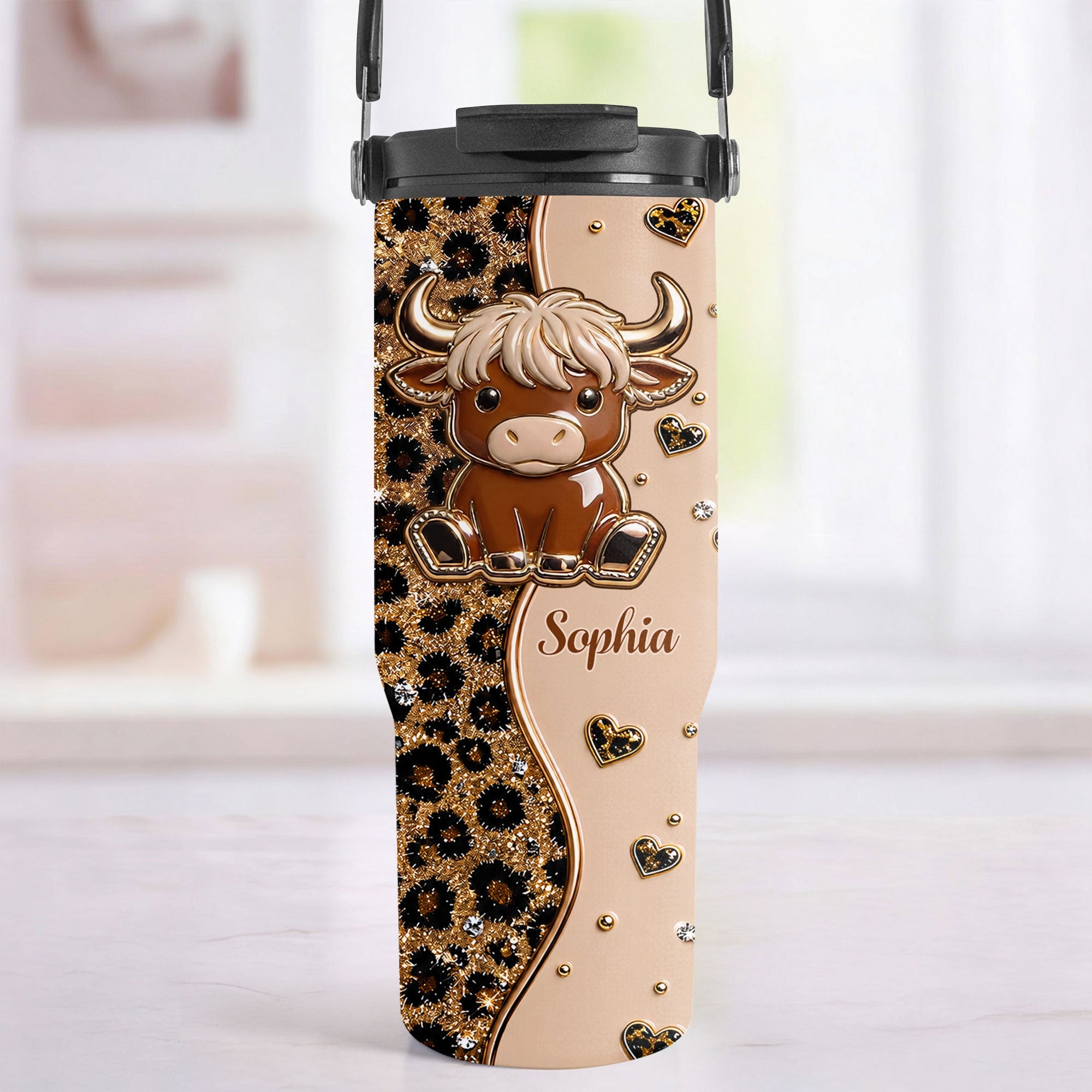 Personalized 30oz Tumbler with Handle Cute Highland Cow Gift