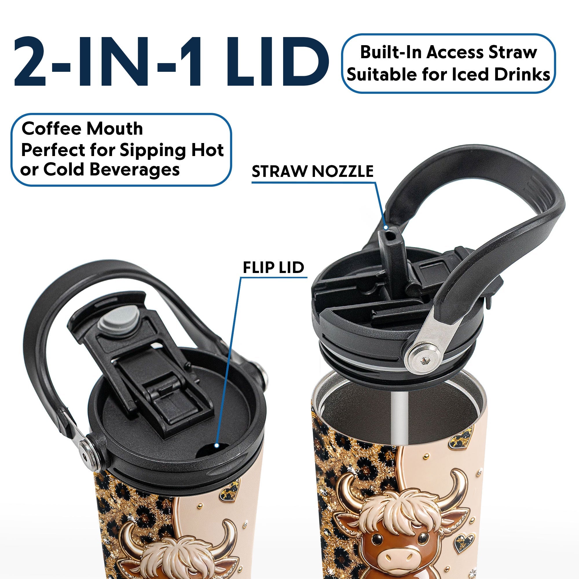 Personalized 30oz Tumbler with Handle Cute Highland Cow Gift
