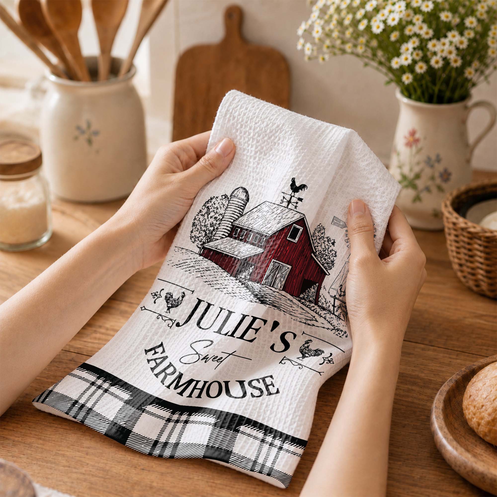 Personalized Farmhouse Kitchen Towel Custom Name Rooster Gift Kitchen Towel GradoCreations