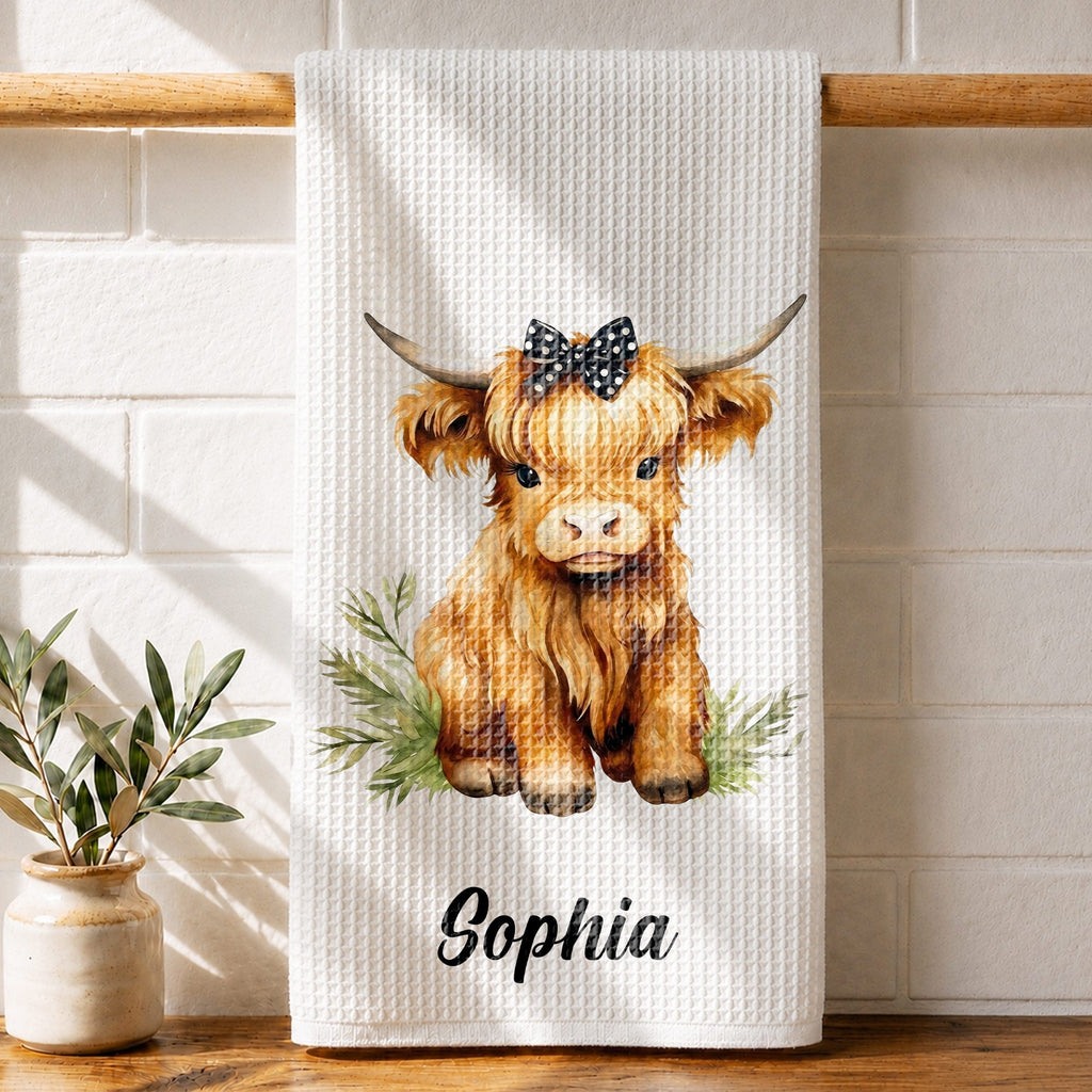Personalized Kitchen Towel Custom Name Highland Cow Gift Kitchen Towel GradoCreations