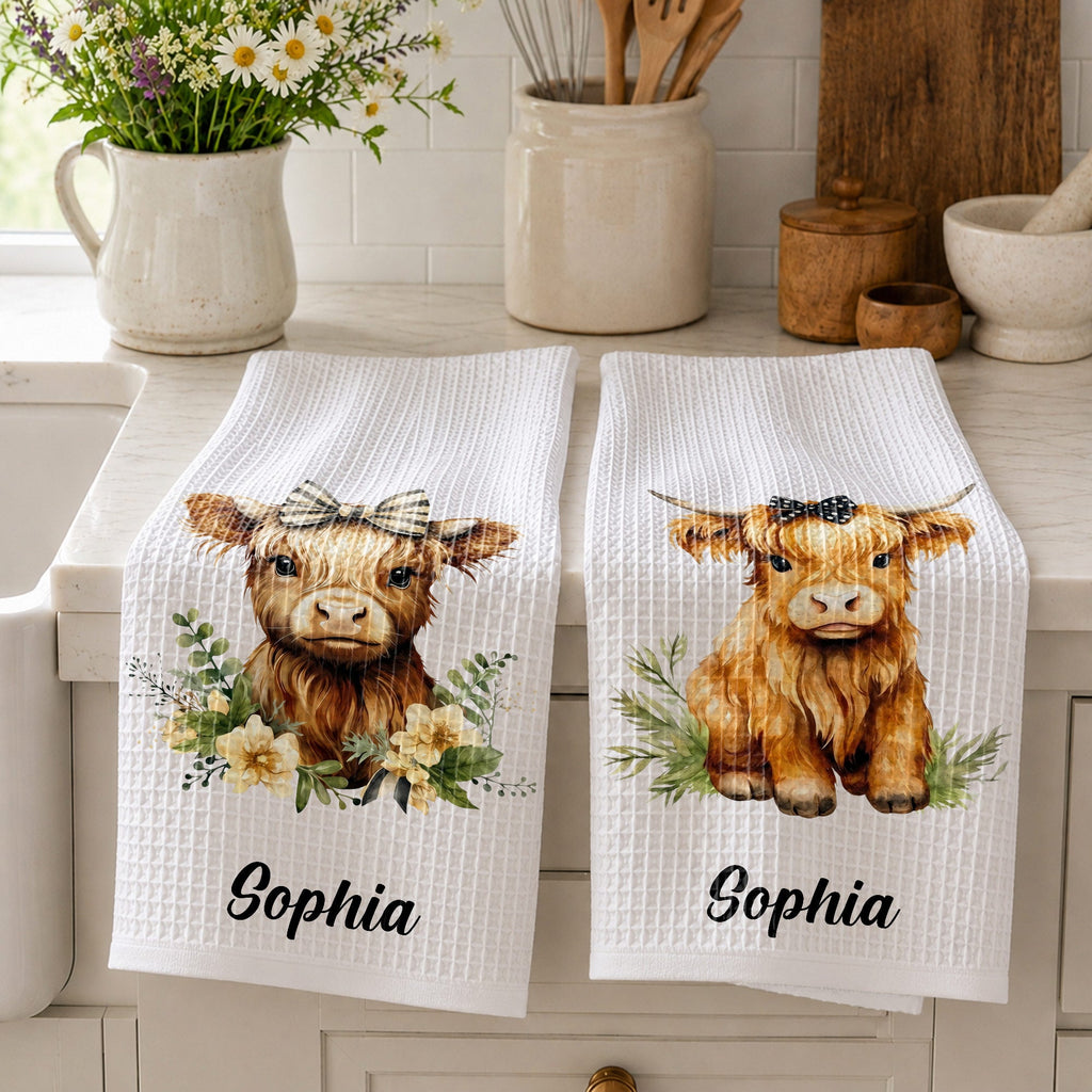 Personalized Kitchen Towel Custom Name Highland Cow Gift Kitchen Towel GradoCreations