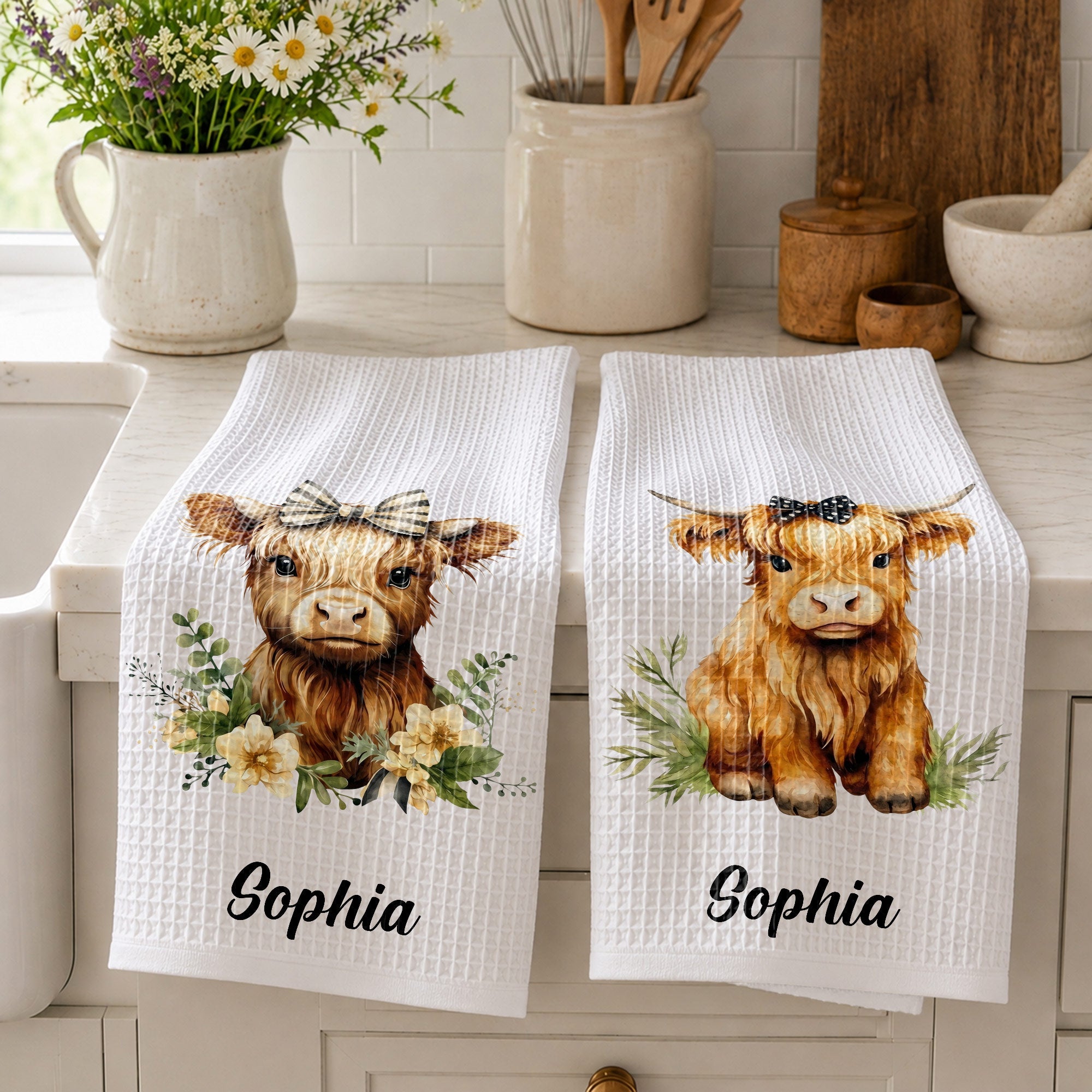 Personalized Kitchen Towel Custom Name Highland Cow Gift Kitchen Towel GradoCreations