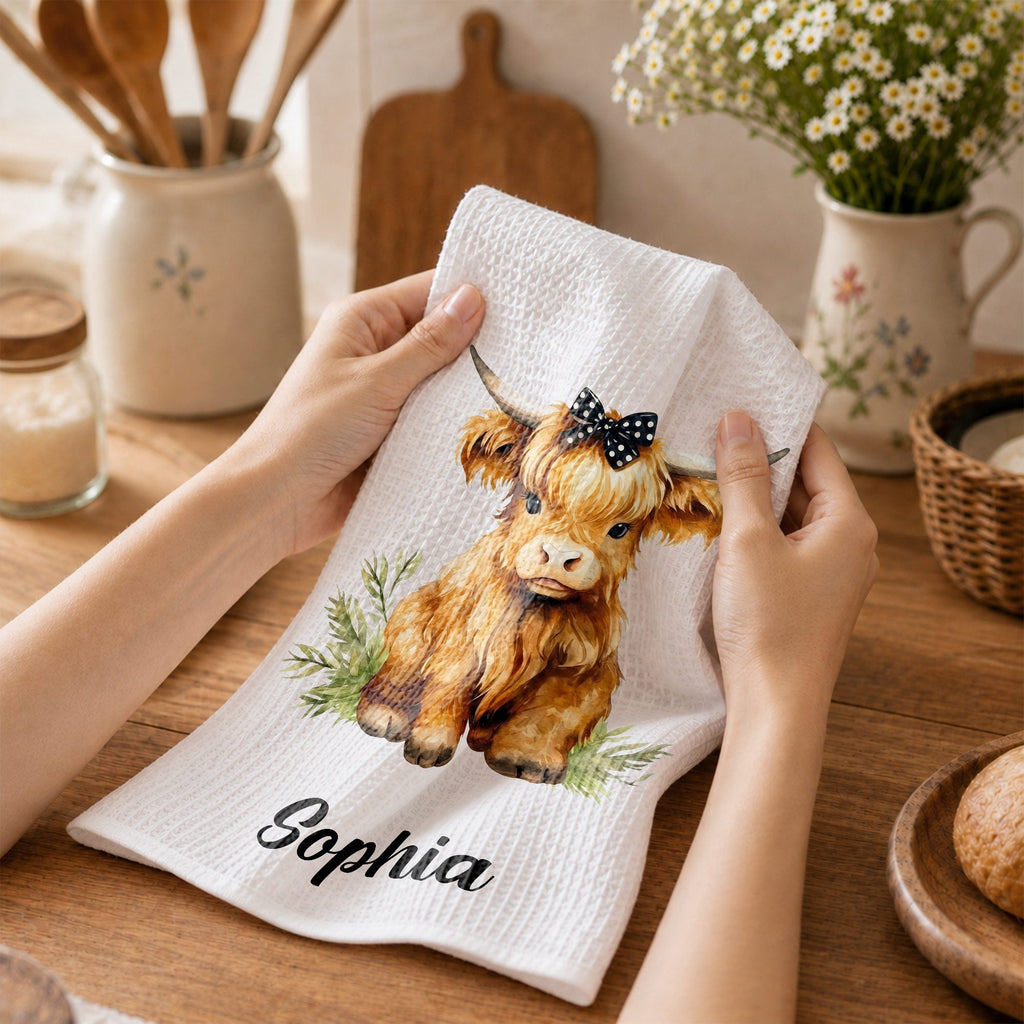 Personalized Kitchen Towel Custom Name Highland Cow Gift Kitchen Towel GradoCreations