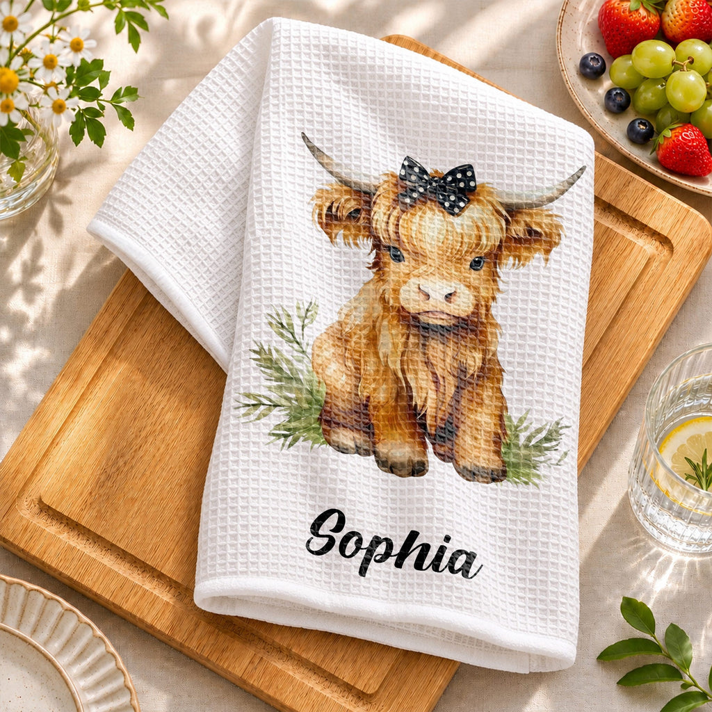 Personalized Kitchen Towel Custom Name Highland Cow Gift Kitchen Towel GradoCreations