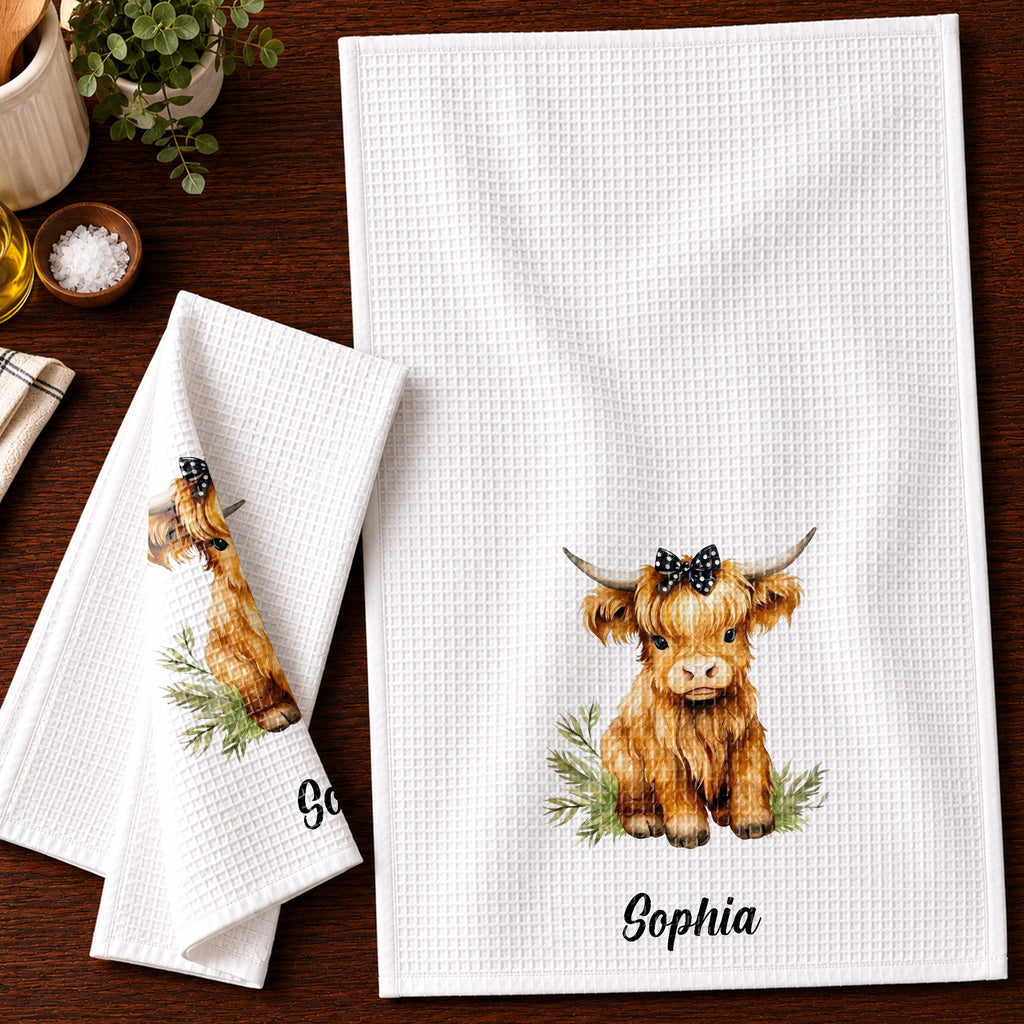 Personalized Kitchen Towel Custom Name Highland Cow Gift Kitchen Towel GradoCreations