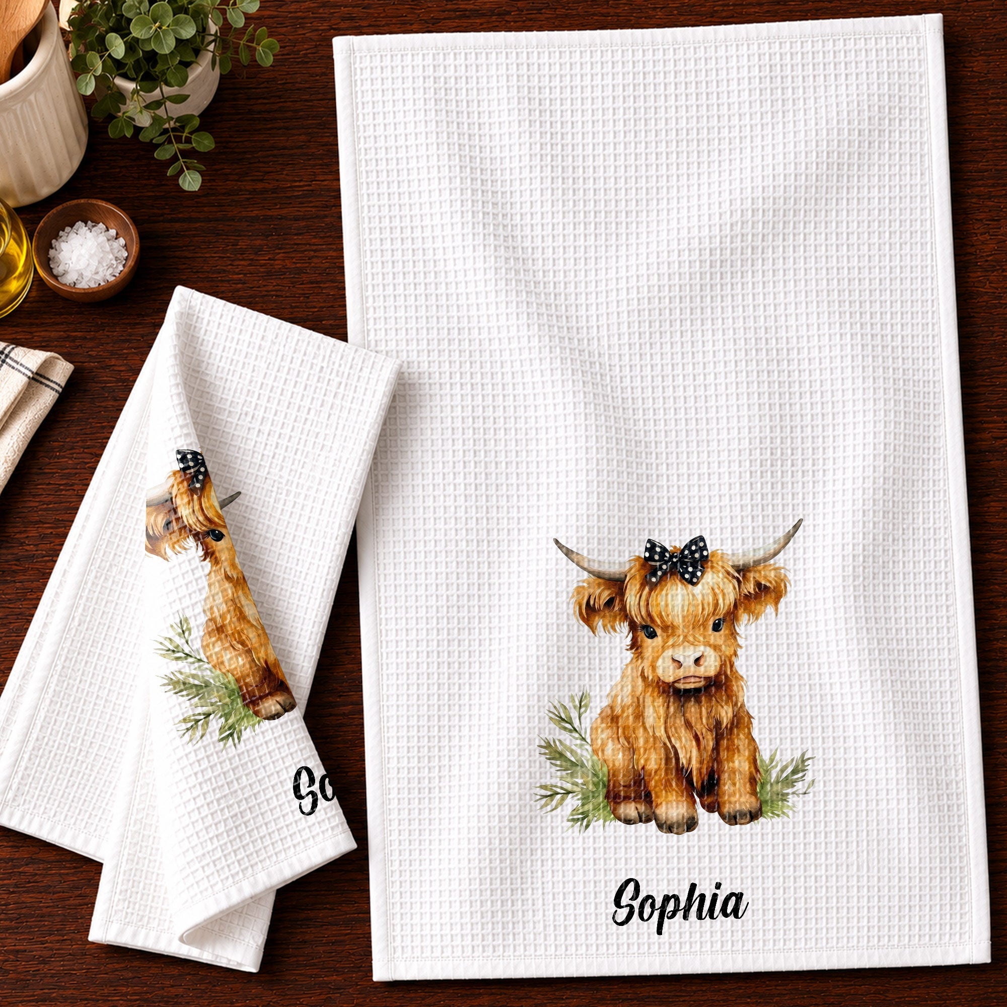 Personalized Kitchen Towel Custom Name Highland Cow Gift Kitchen Towel GradoCreations