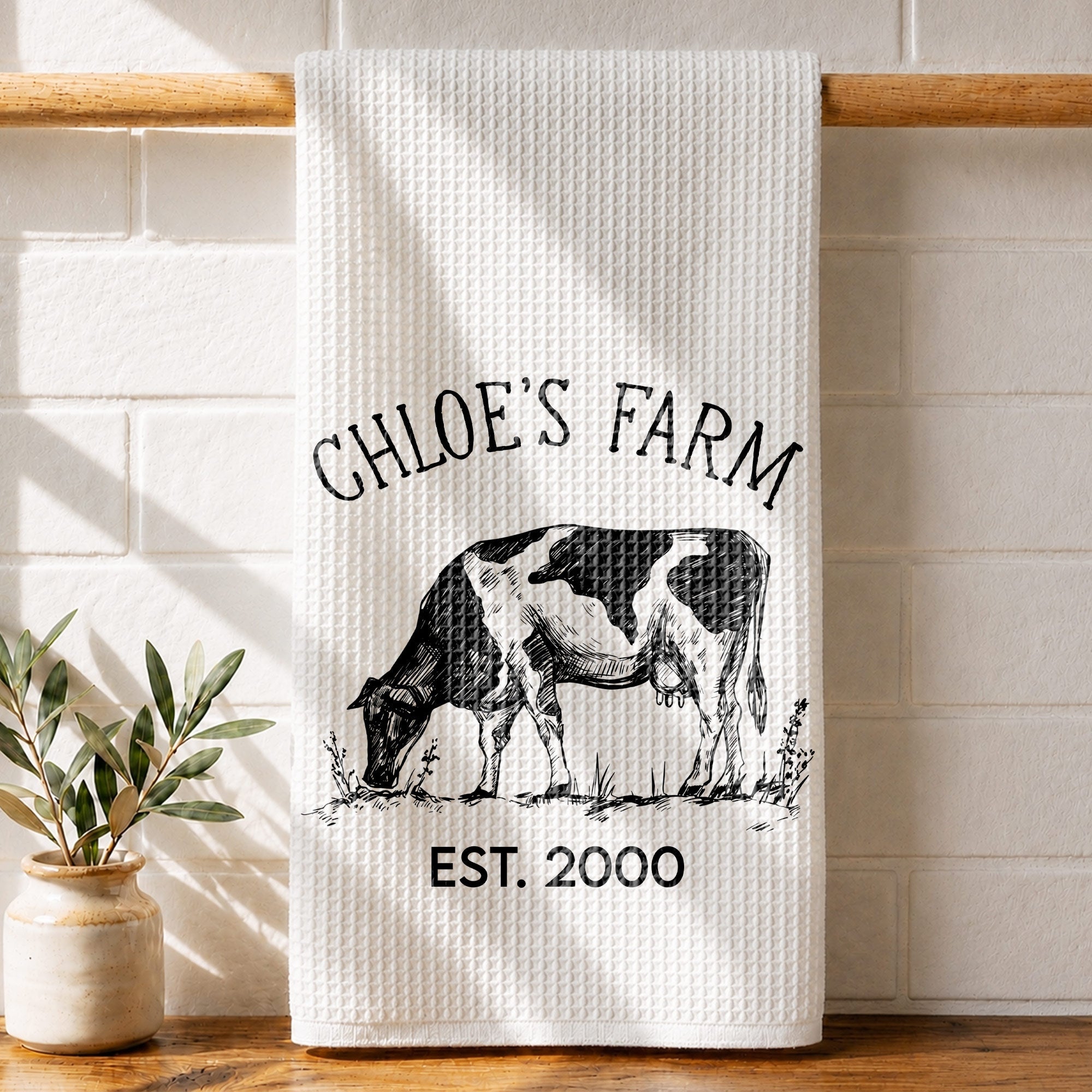 Personalized Farm Fresh Cow Sketch Kitchen Towel Gift for Mom Kitchen Towel GradoCreations