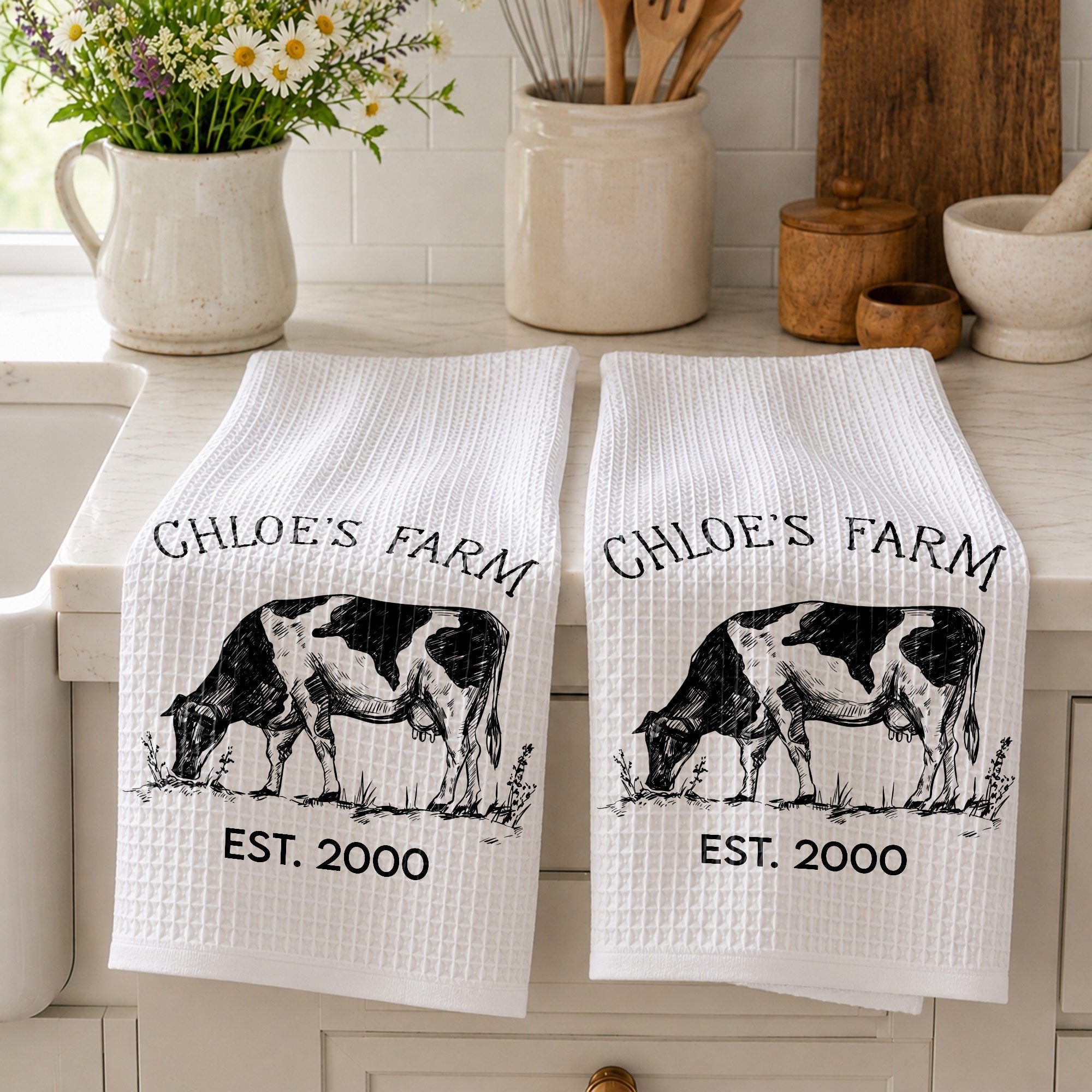 Personalized Farm Fresh Cow Sketch Kitchen Towel Gift for Mom Kitchen Towel GradoCreations