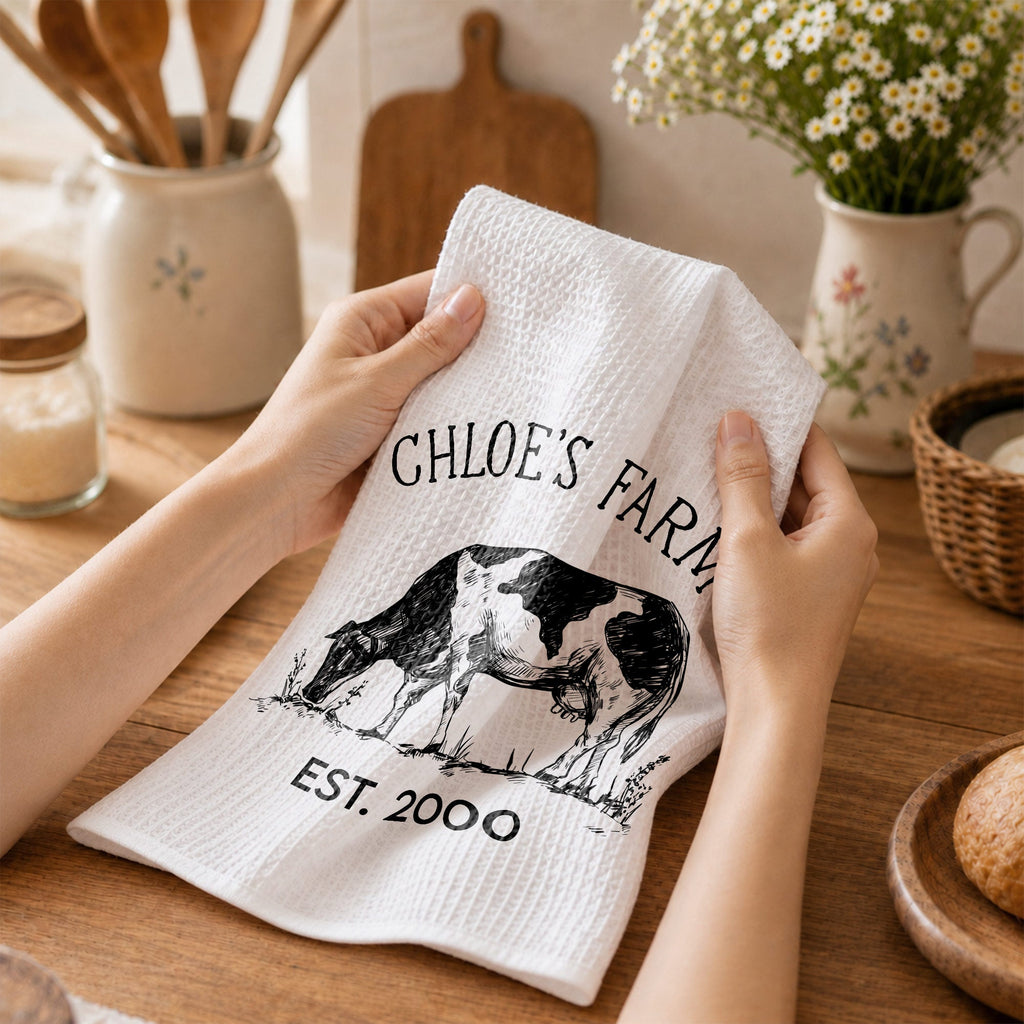 Personalized Farm Fresh Cow Sketch Kitchen Towel Gift for Mom Kitchen Towel GradoCreations