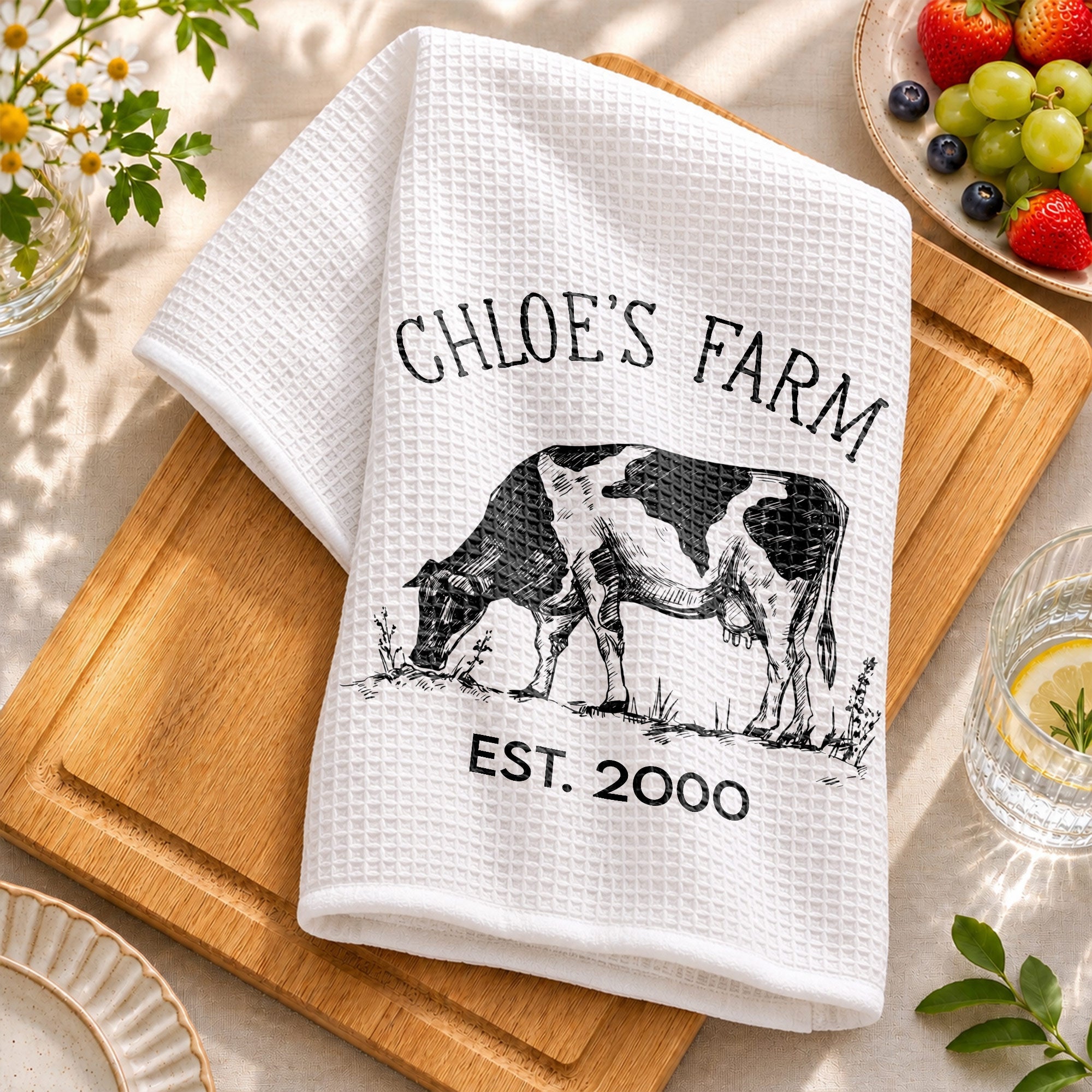 Personalized Farm Fresh Cow Sketch Kitchen Towel Gift for Mom Kitchen Towel GradoCreations
