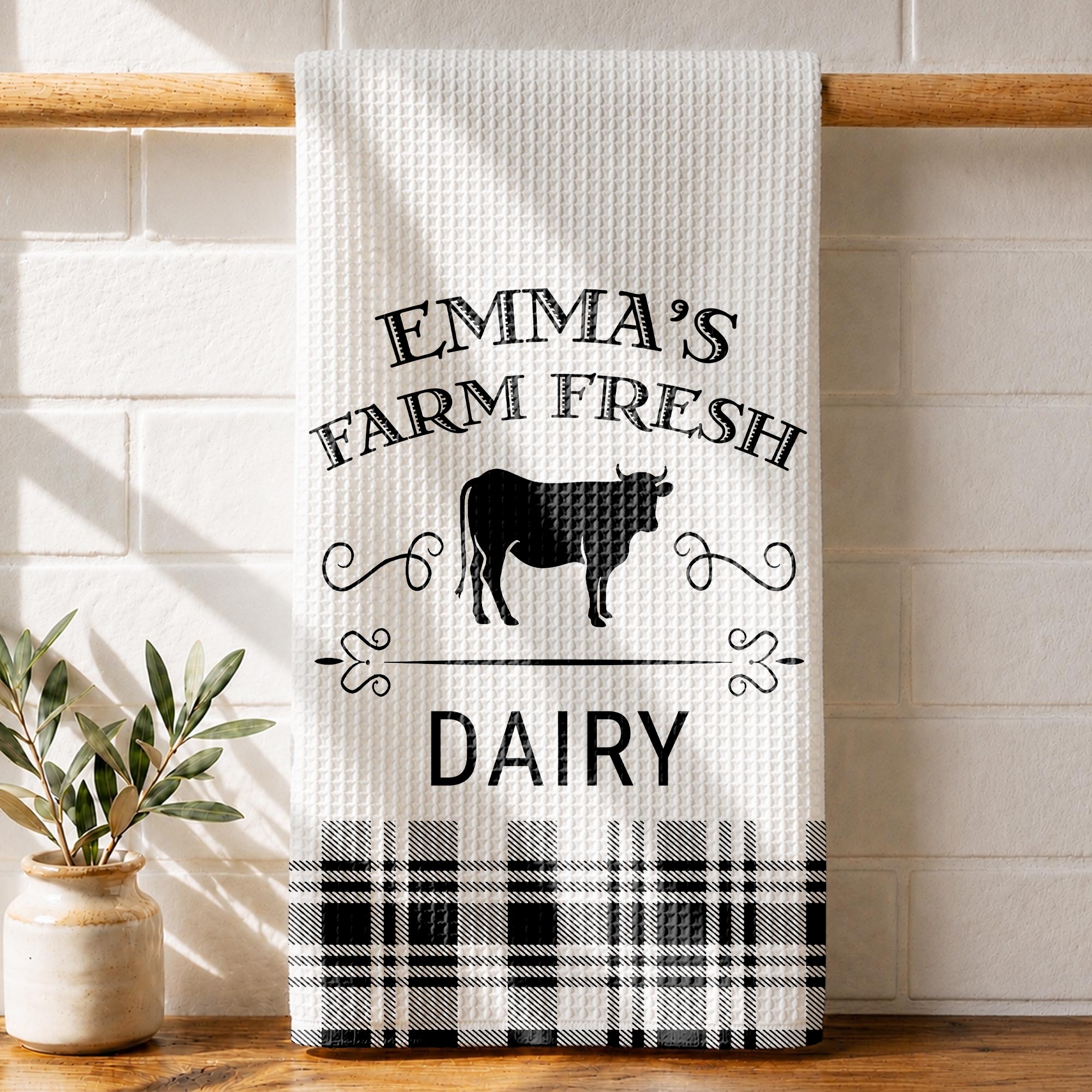 Personalized Farm Fresh Dairy Cow Kitchen Towel Custom Name Gift