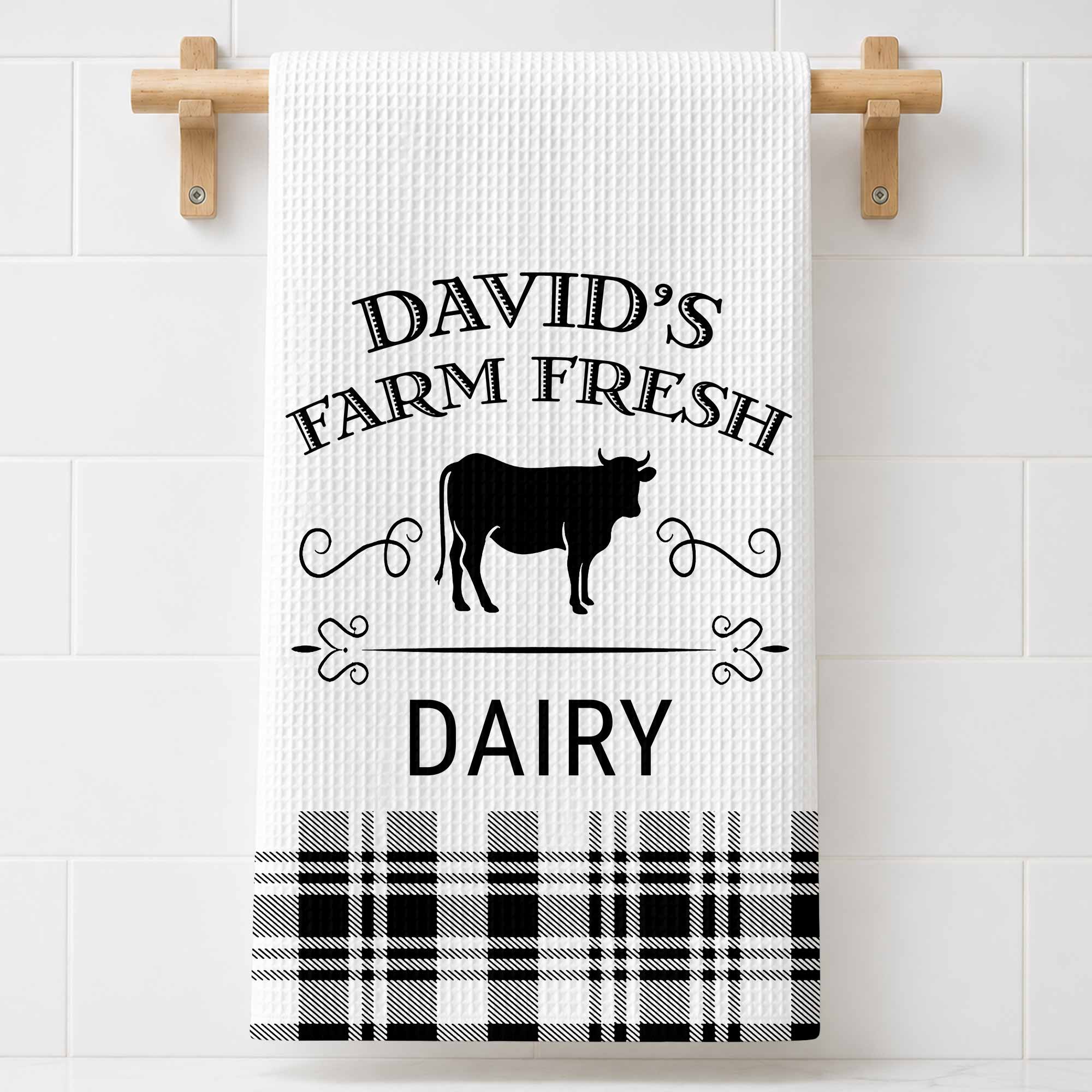 Personalized Farm Fresh Dairy Cow Kitchen Towel Custom Name Gift