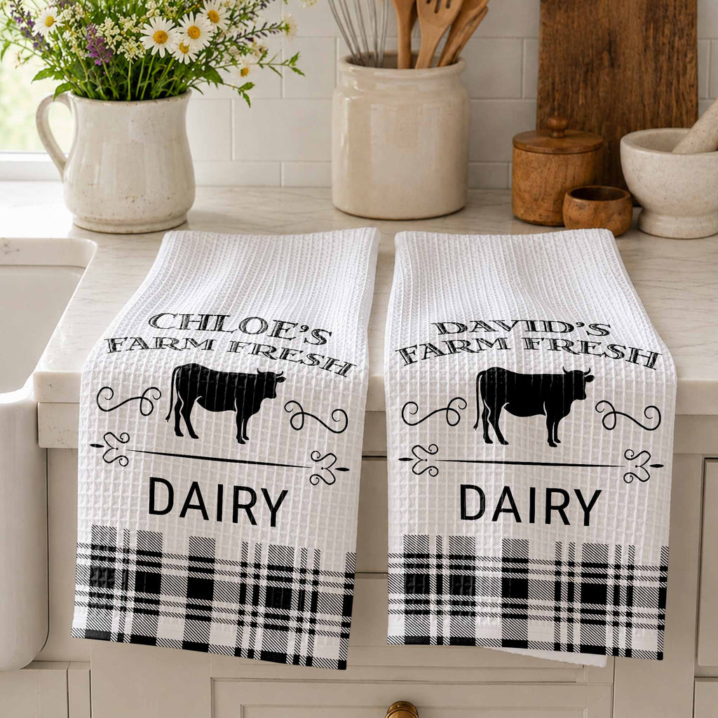 Personalized Farm Fresh Dairy Cow Kitchen Towel Custom Name Gift