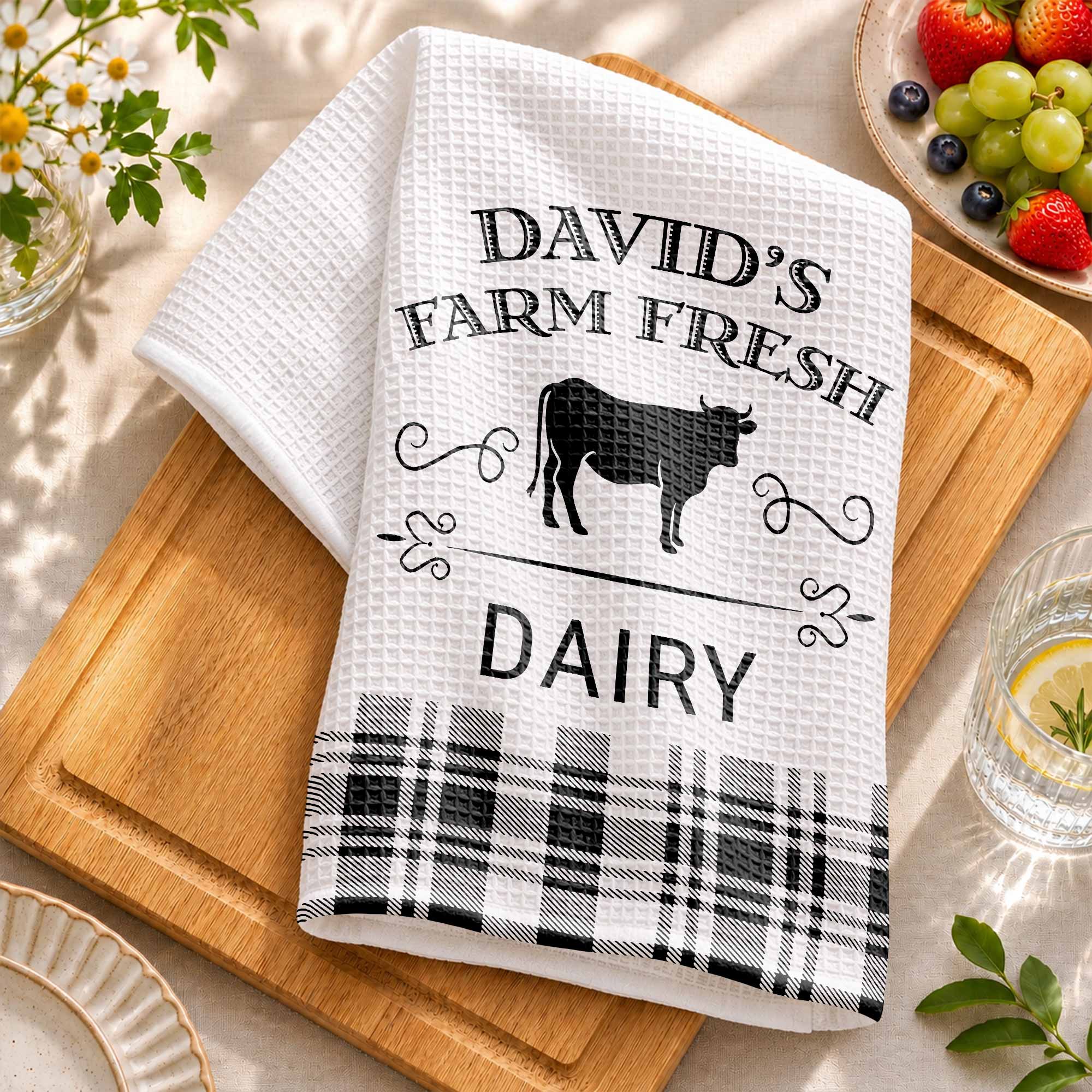 Personalized Farm Fresh Dairy Cow Kitchen Towel Custom Name Gift