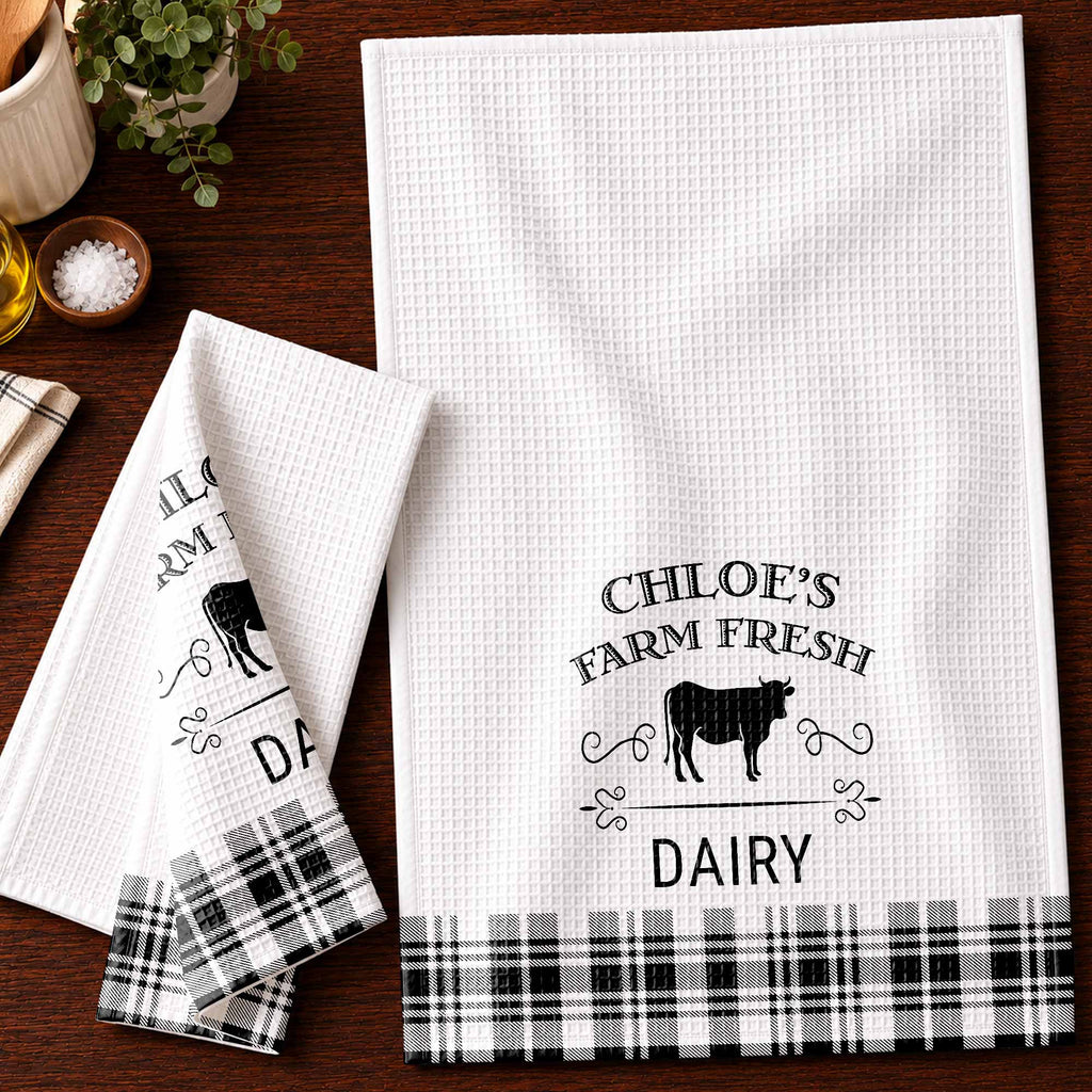 Personalized Farm Fresh Dairy Cow Kitchen Towel Custom Name Gift