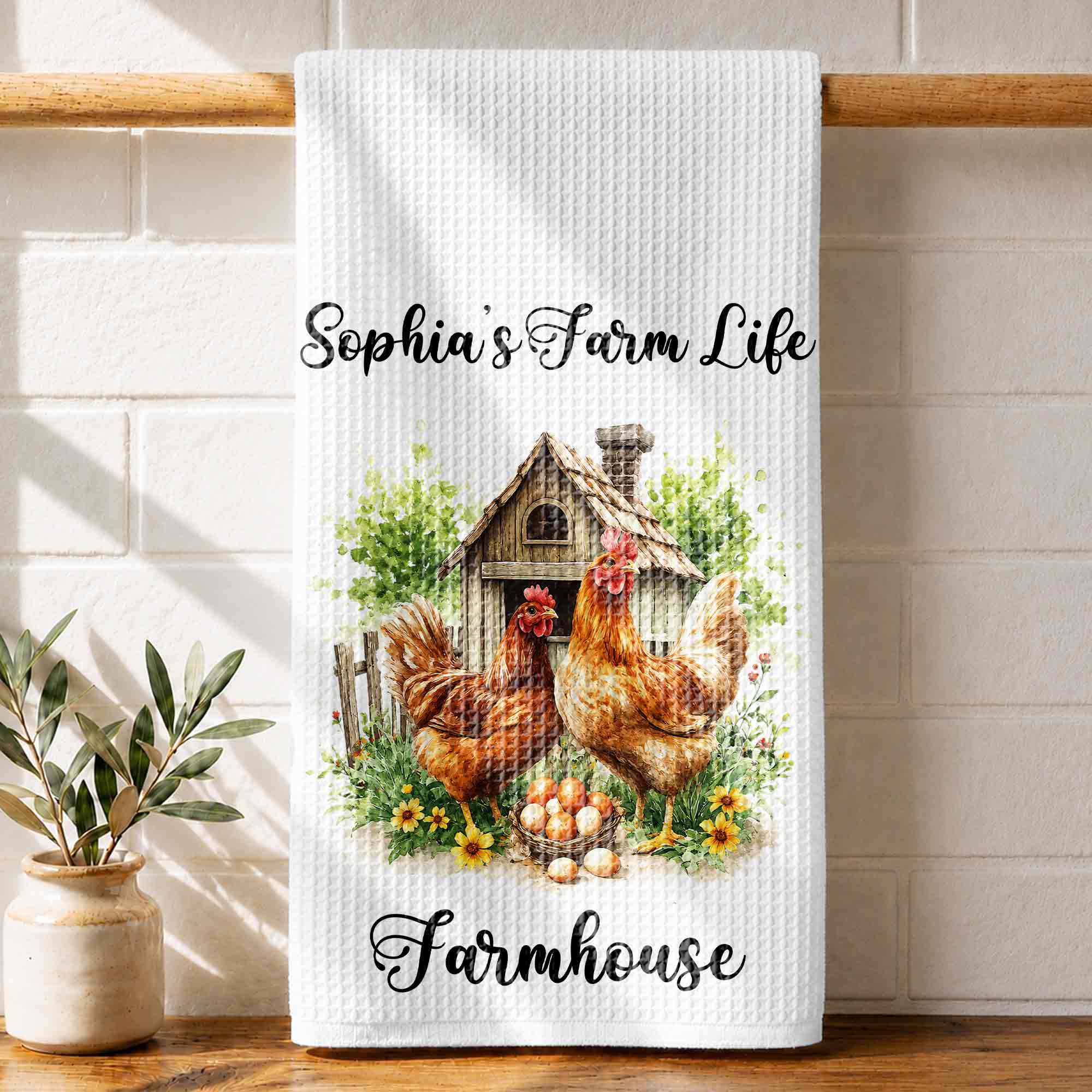 Personalized Farmhouse Kitchen Towel Custom Name Chickens Gift