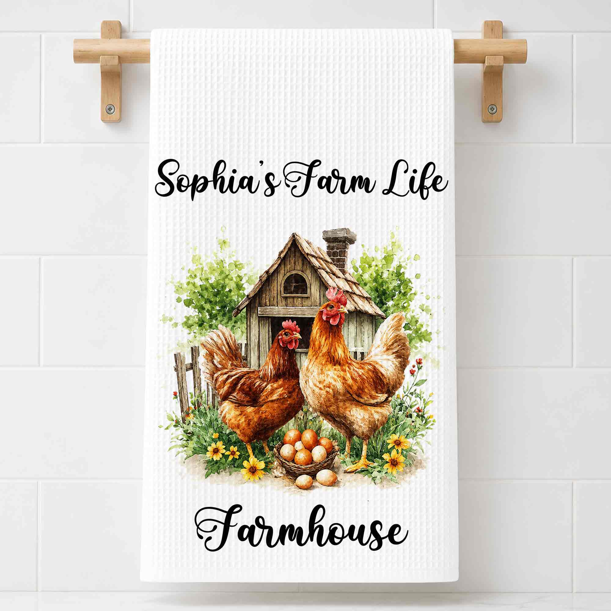 Personalized Farmhouse Kitchen Towel Custom Name Chickens Gift