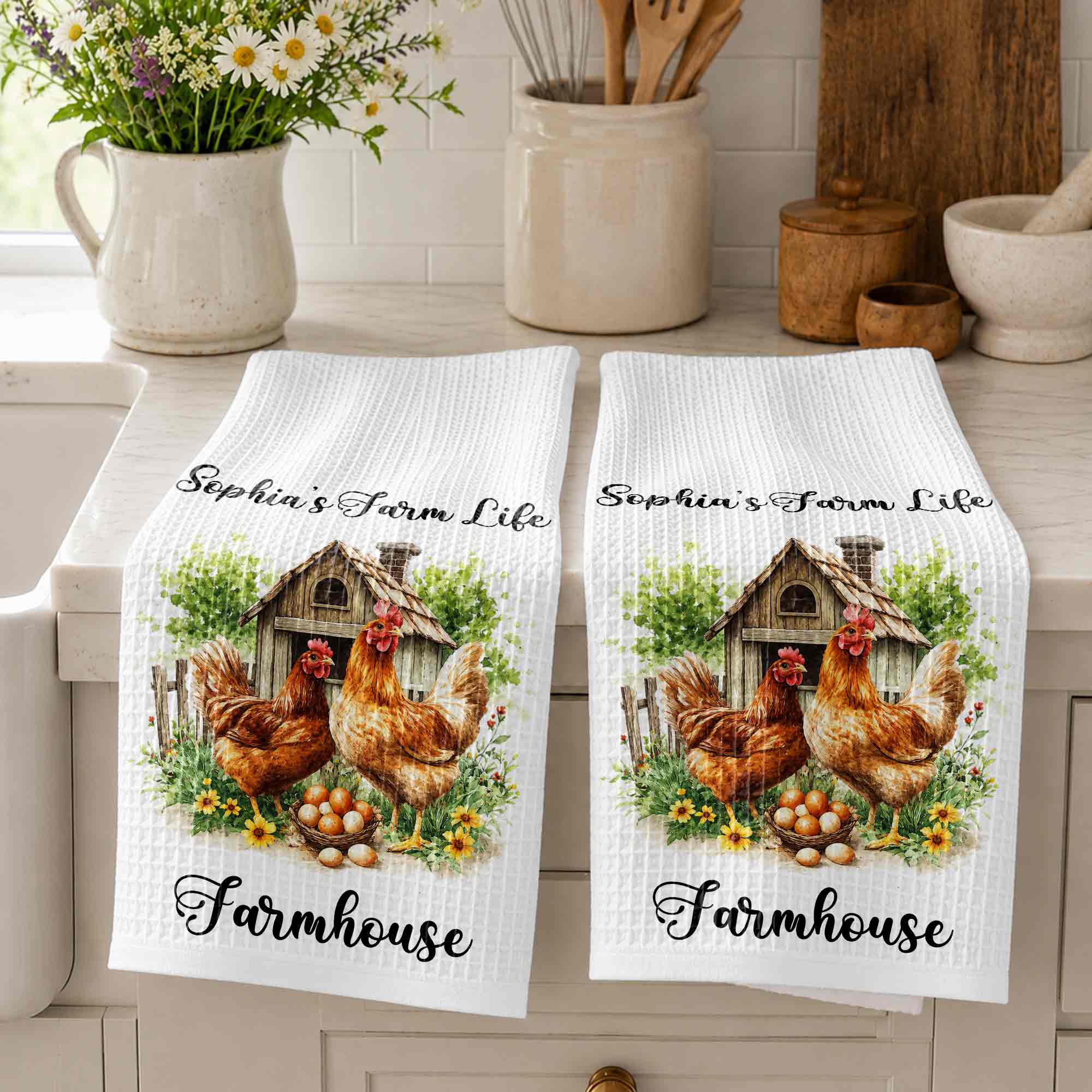 Personalized Farmhouse Kitchen Towel Custom Name Chickens Gift