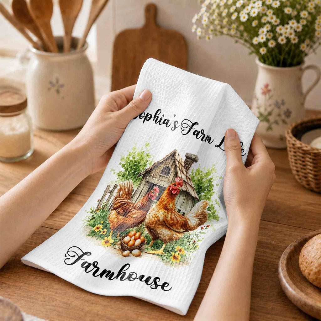 Personalized Farmhouse Kitchen Towel Custom Name Chickens Gift