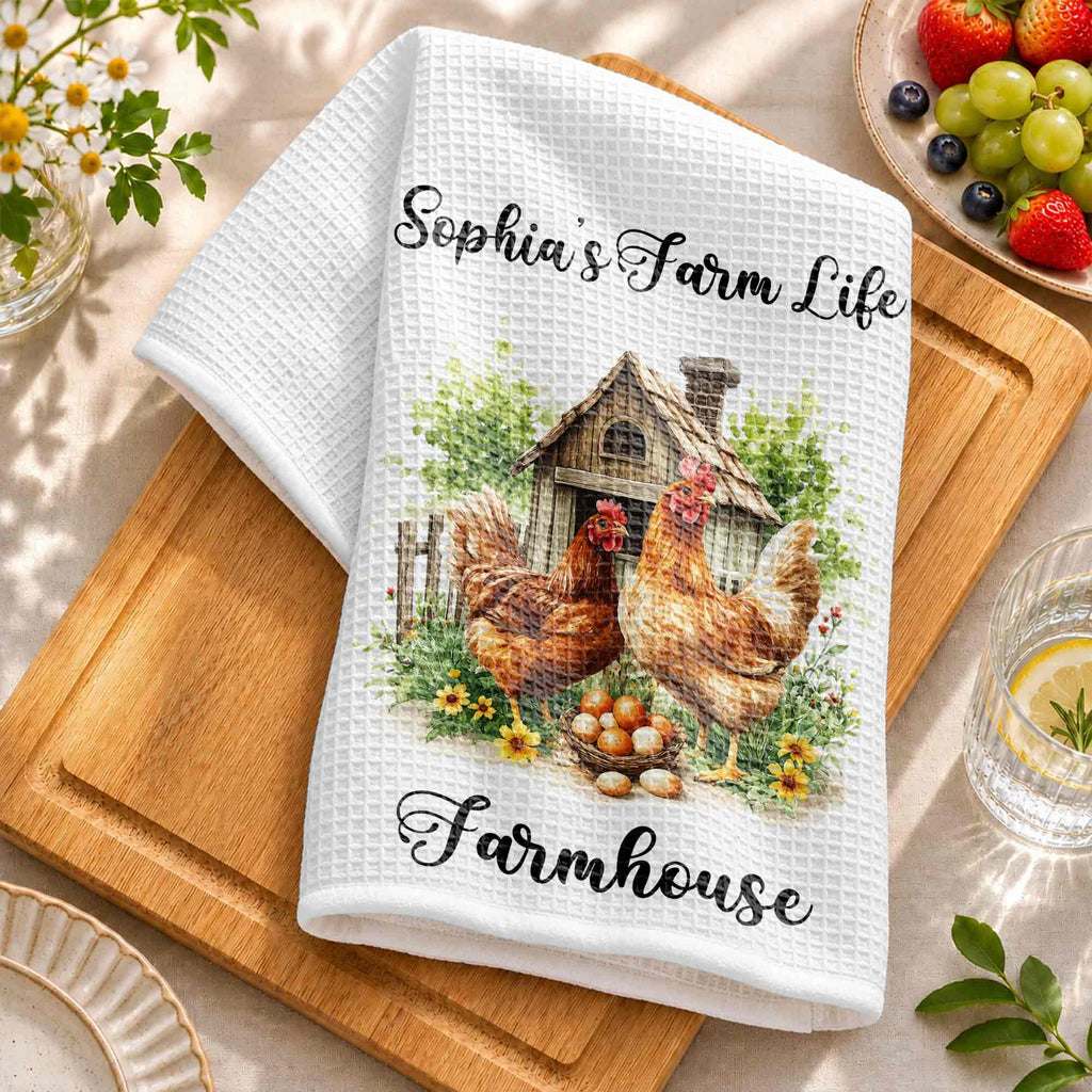 Personalized Farmhouse Kitchen Towel Custom Name Chickens Gift