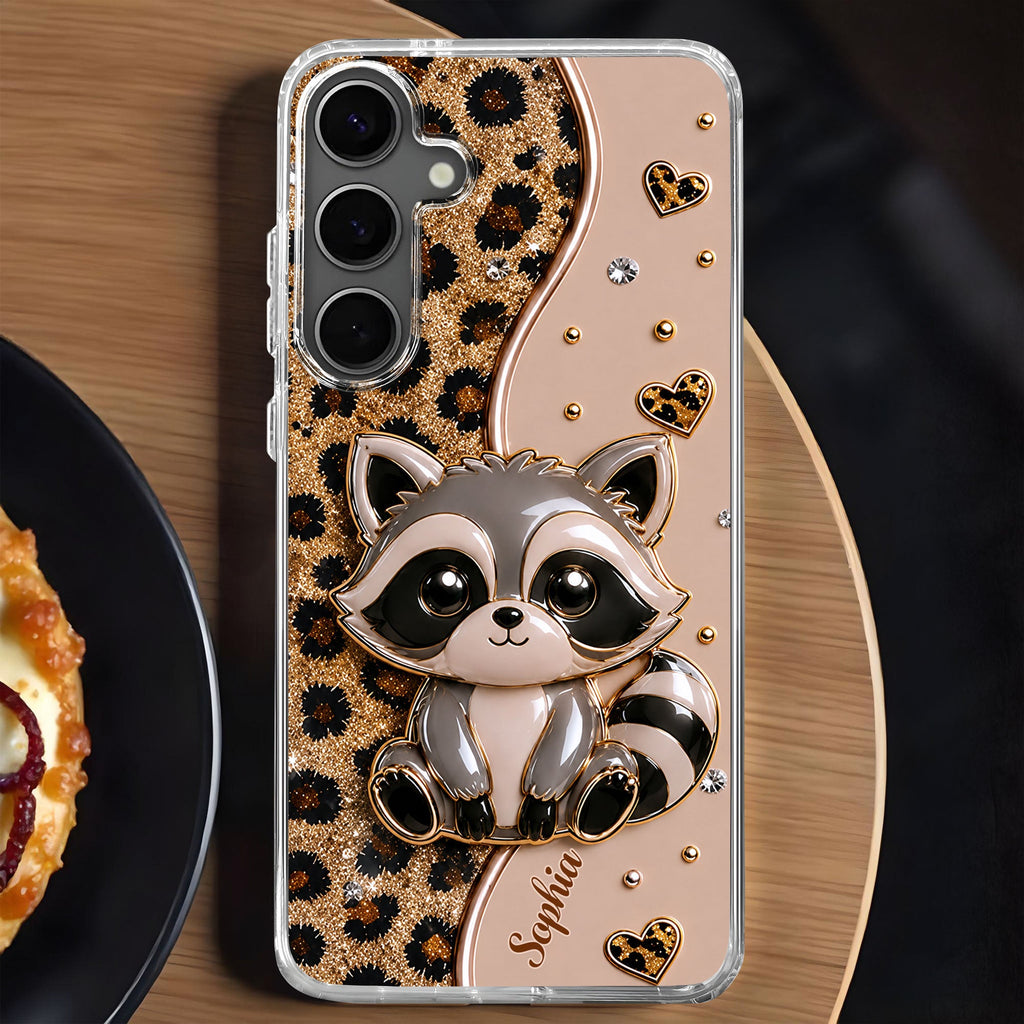 Personalized Clear Phone Case Cute Raccoon Glitter Design Gift