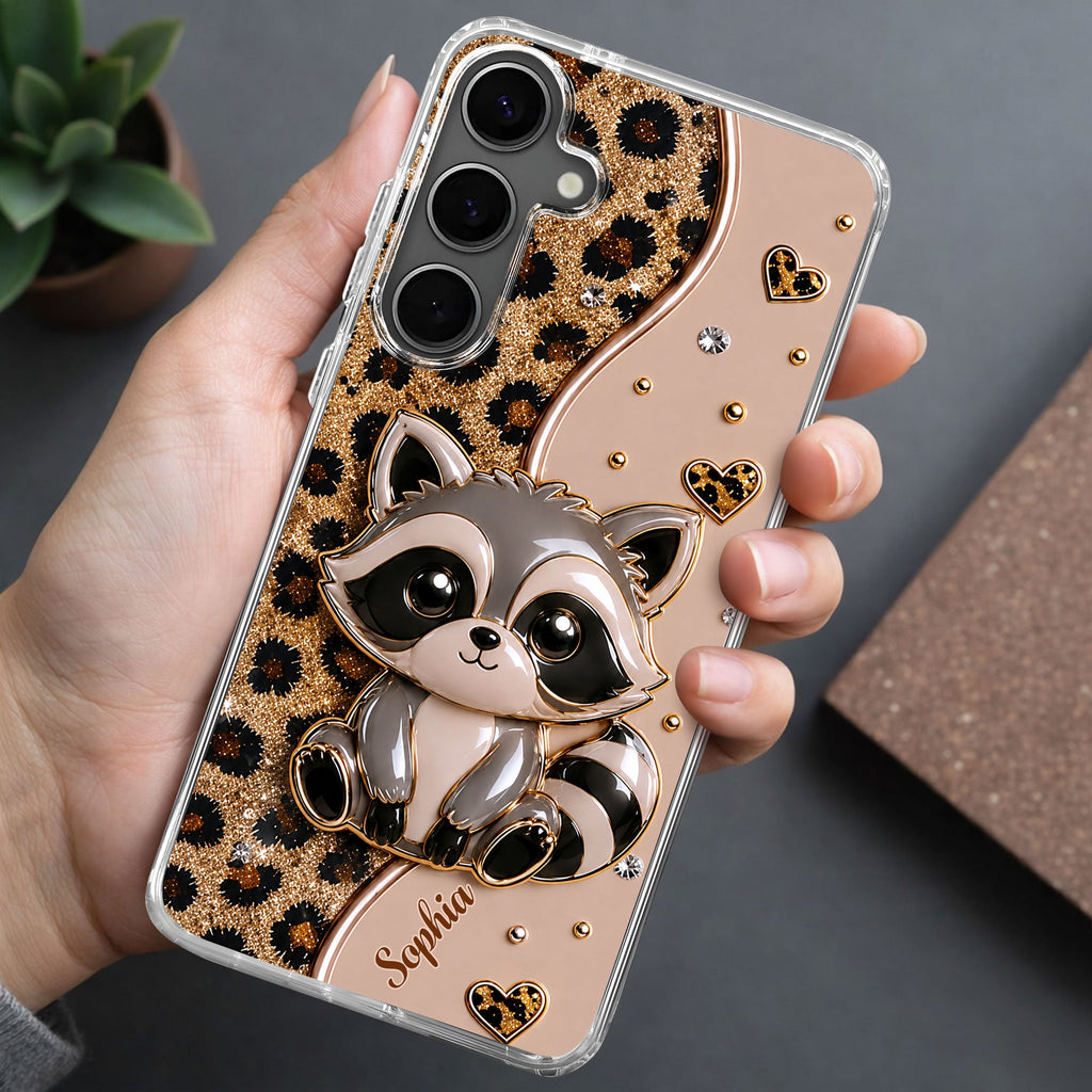 Personalized Clear Phone Case Cute Raccoon Glitter Design Gift
