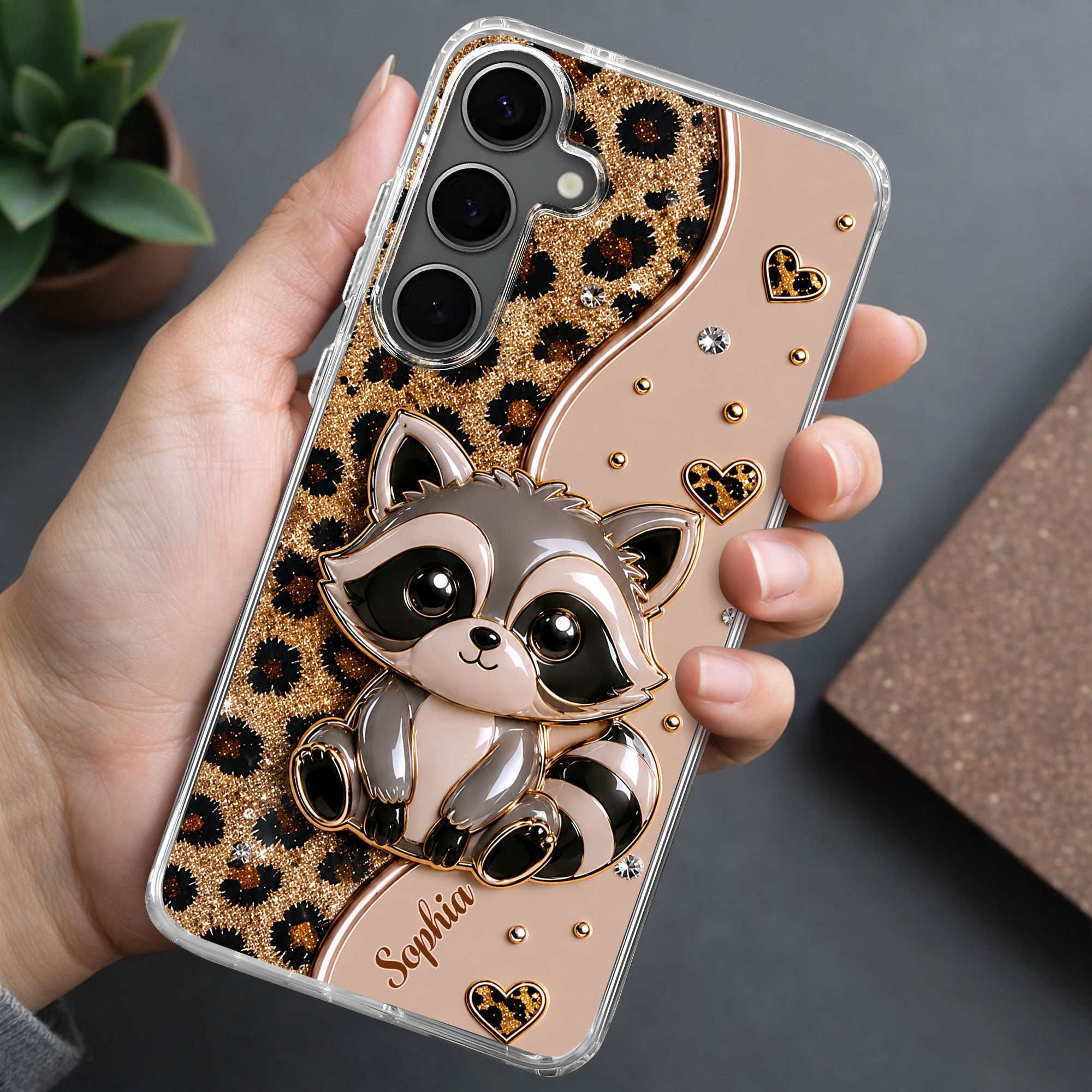 Personalized Clear Phone Case Cute Raccoon Glitter Design Gift
