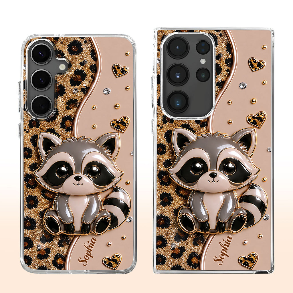 Personalized Clear Phone Case Cute Raccoon Glitter Design Gift
