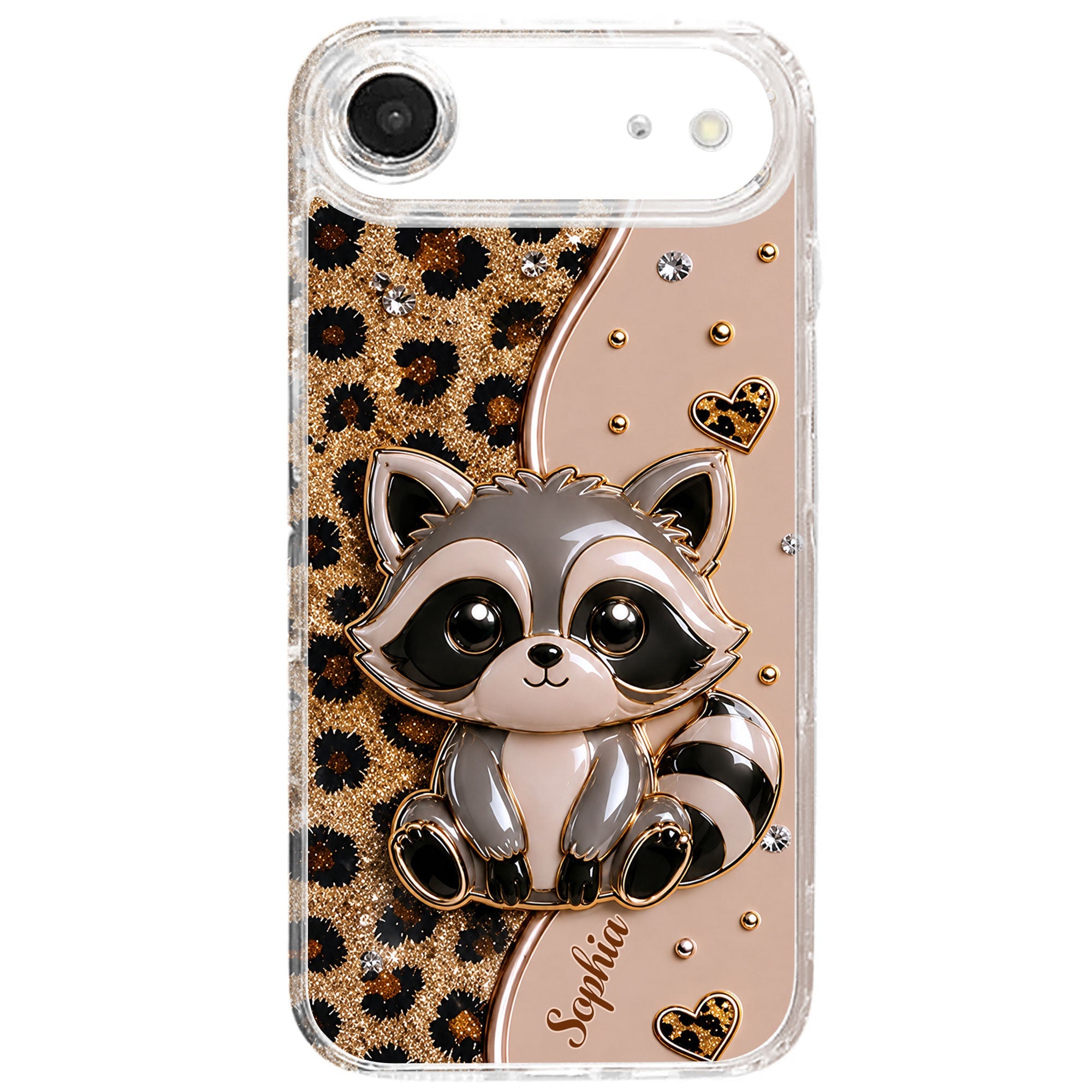 Personalized Clear Phone Case Cute Raccoon Glitter Design Gift