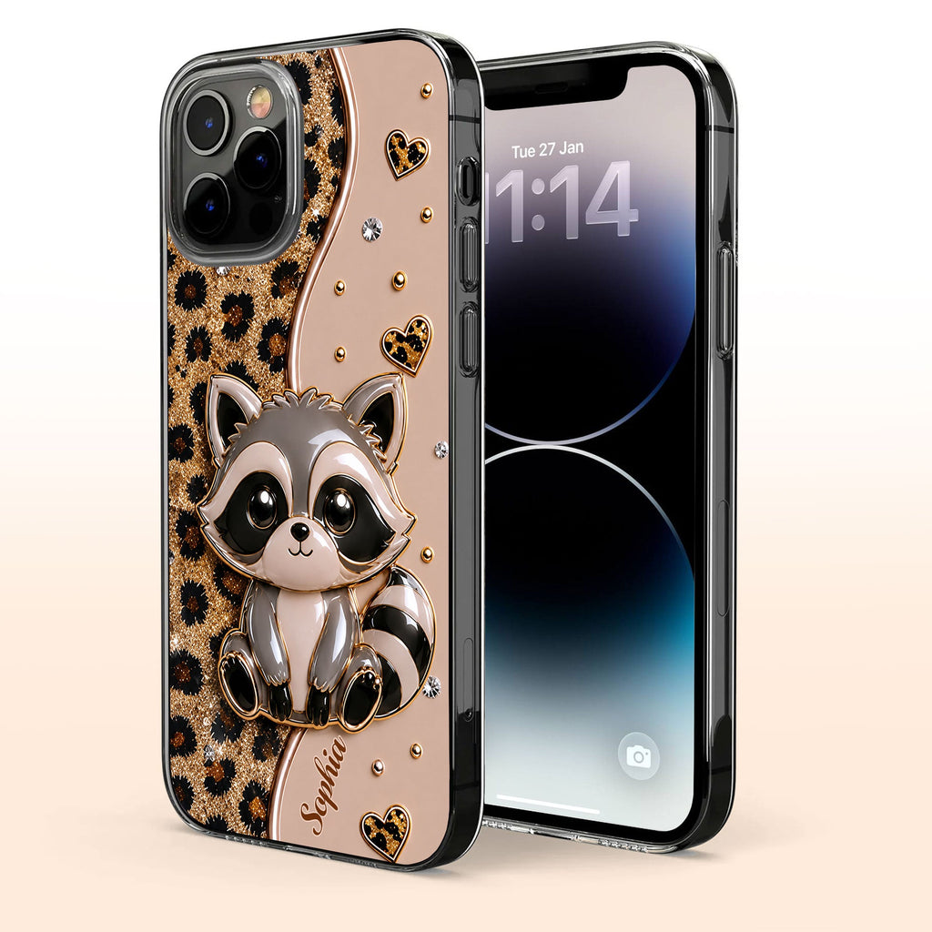 Personalized Clear Phone Case Cute Raccoon Glitter Design Gift