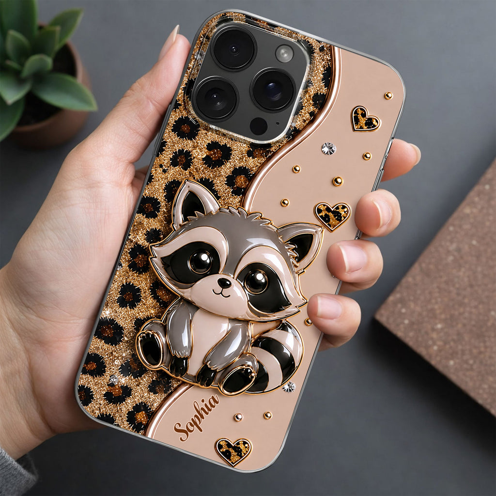 Personalized Clear Phone Case Cute Raccoon Glitter Design Gift