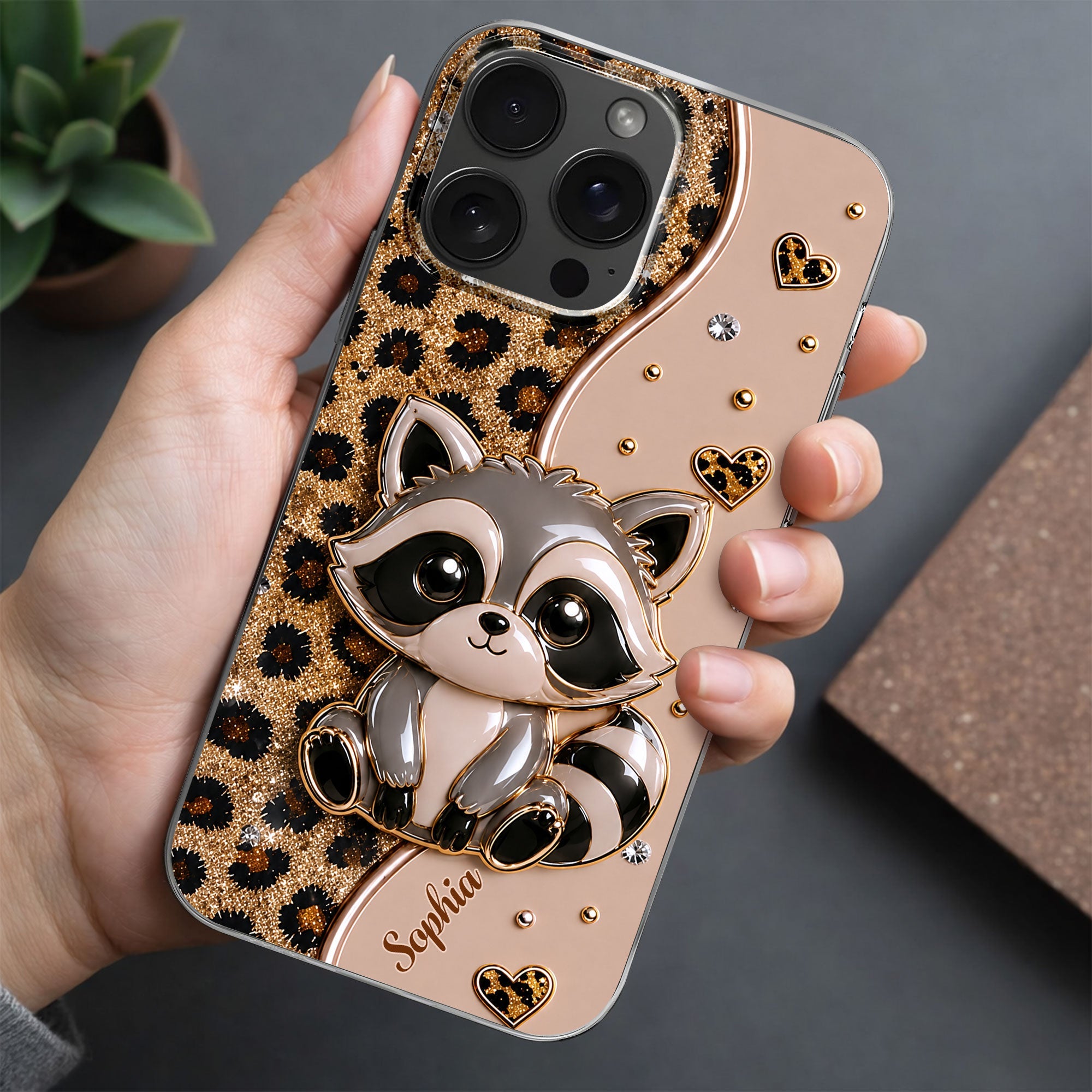 Personalized Clear Phone Case Cute Raccoon Glitter Design Gift
