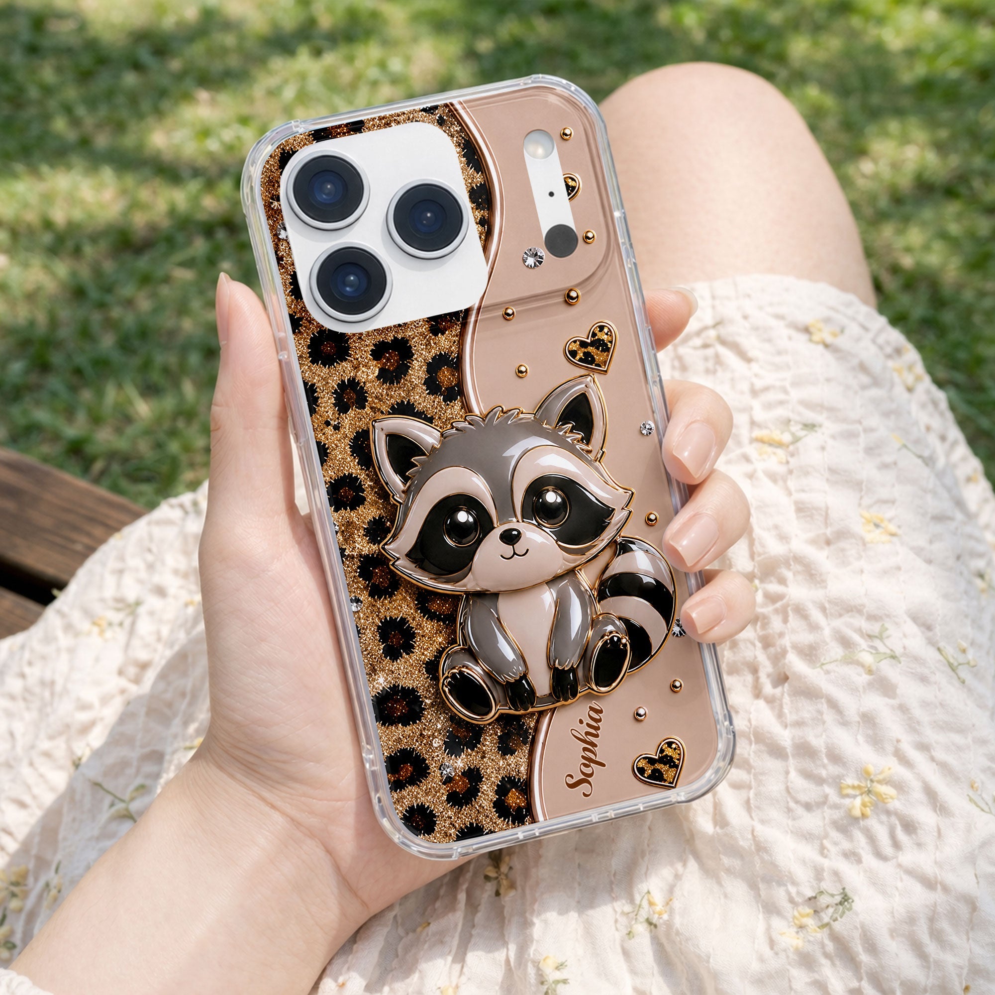 Personalized Clear Phone Case Cute Raccoon Glitter Design Gift