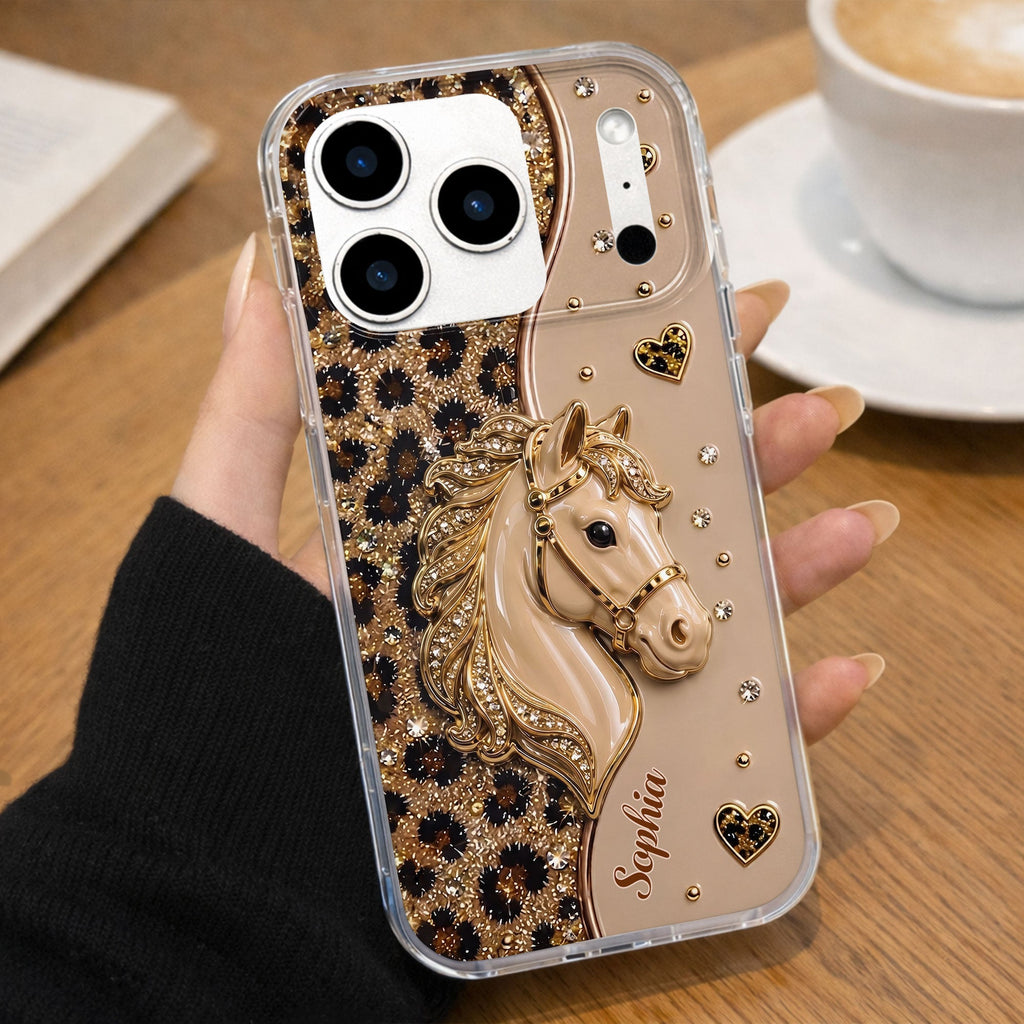 Personalized Clear Phone Case with 3D Horse Glitter Design for Gift