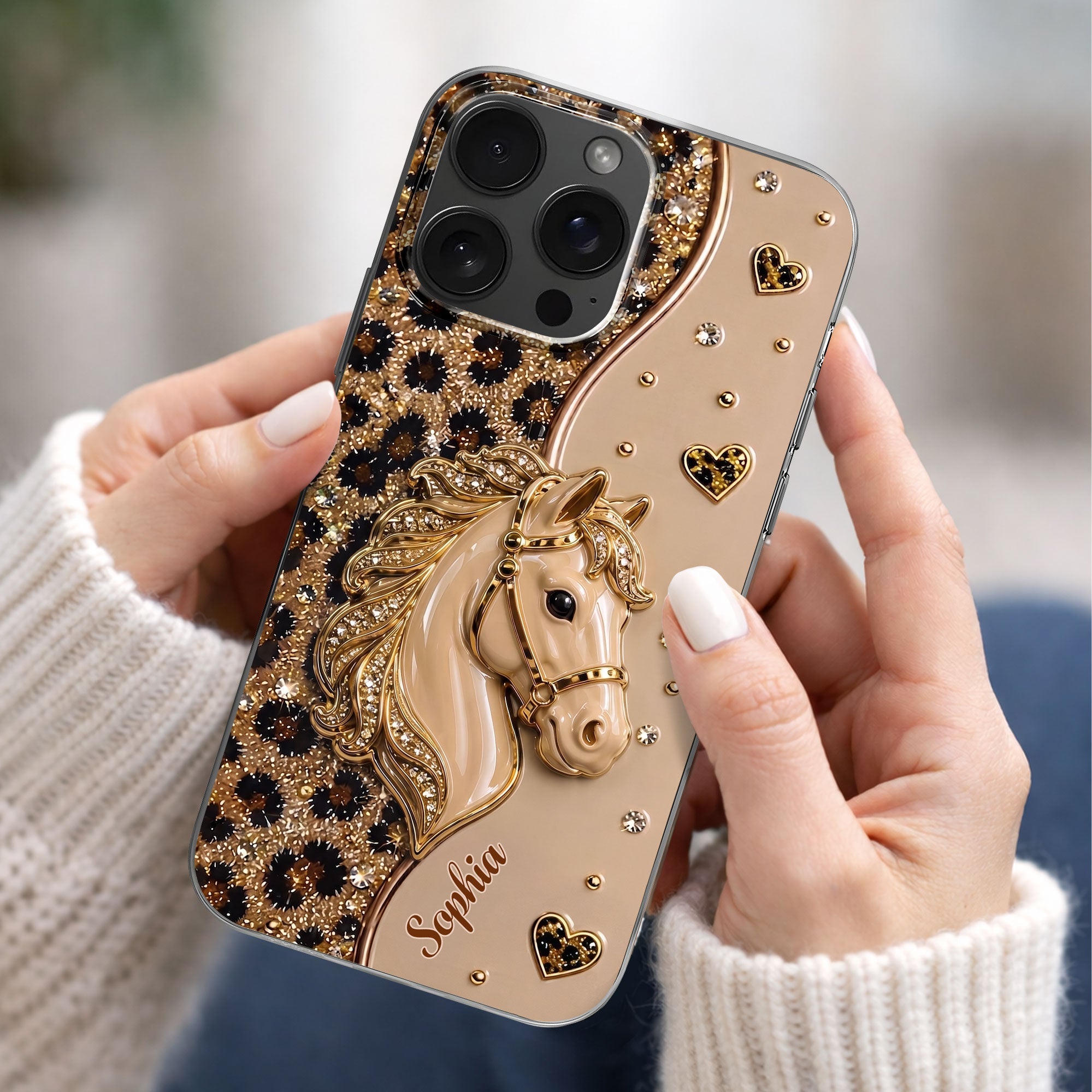 Personalized Clear Phone Case with 3D Horse Glitter Design for Gift