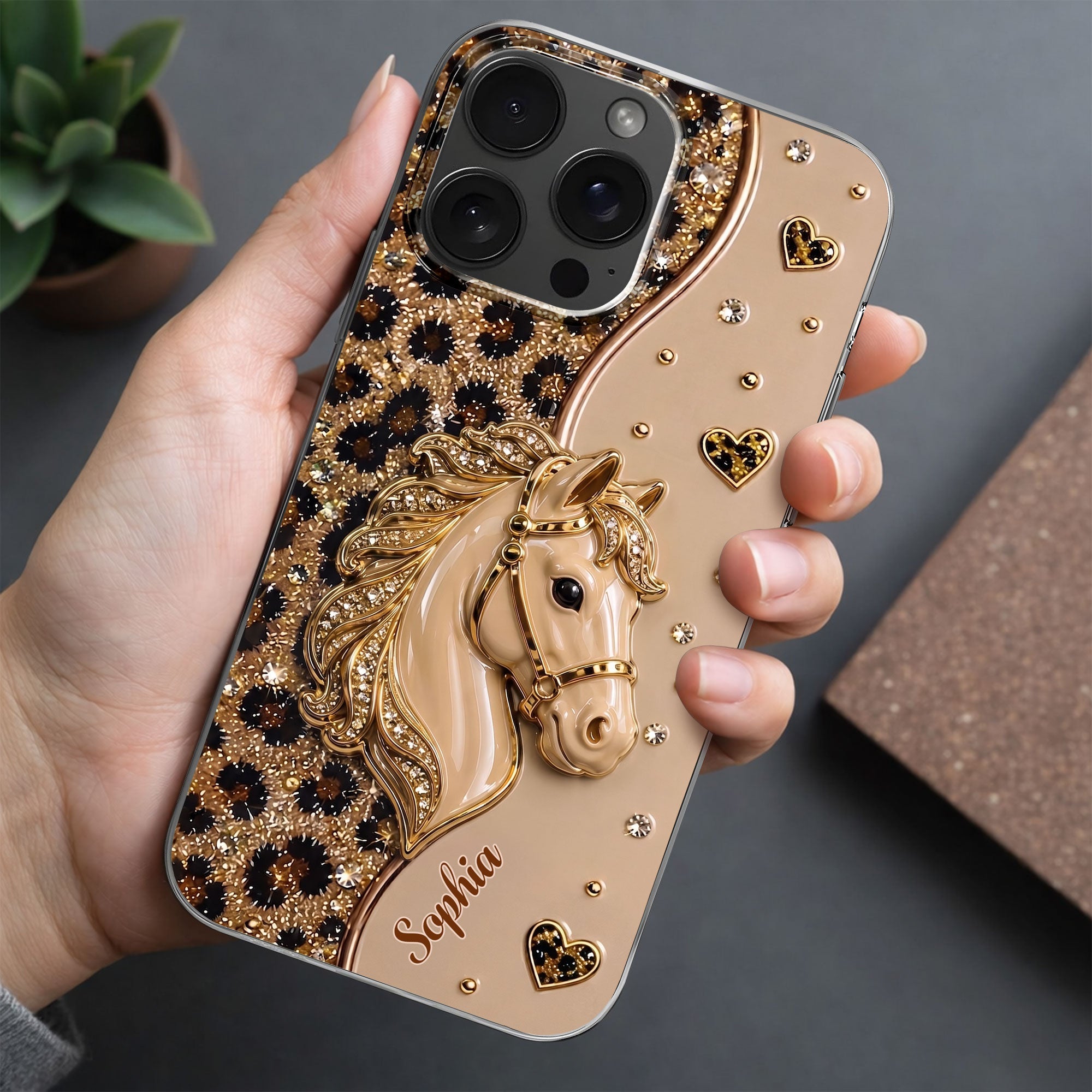 Personalized Clear Phone Case with 3D Horse Glitter Design for Gift