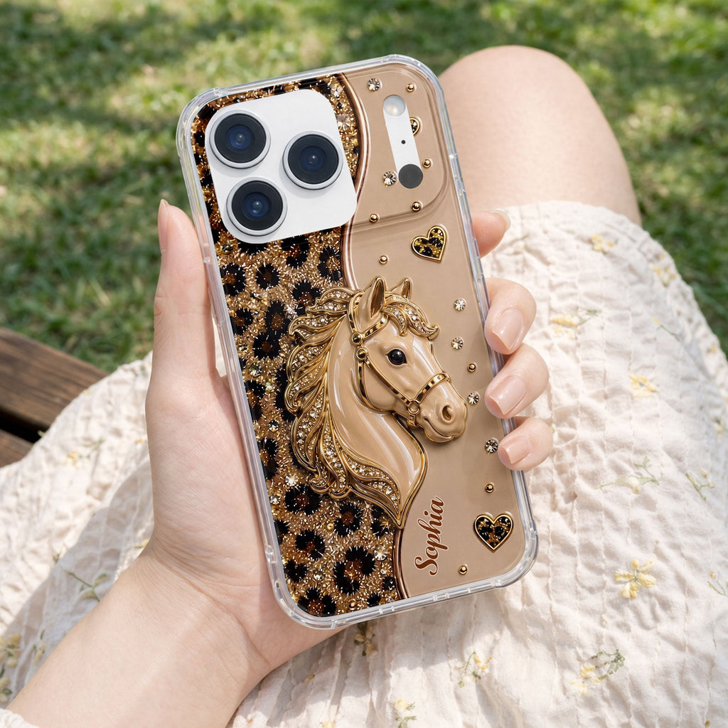 Personalized Clear Phone Case with 3D Horse Glitter Design for Gift