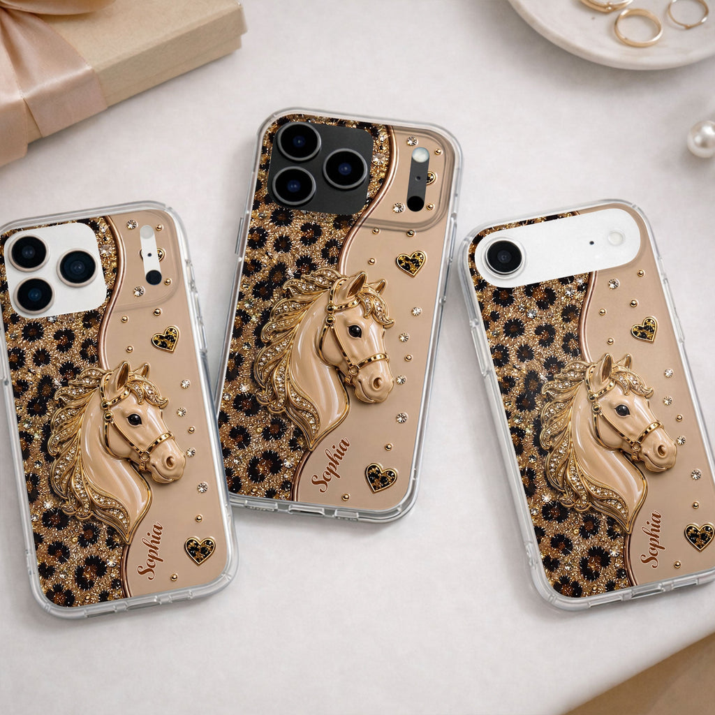 Personalized Clear Phone Case with 3D Horse Glitter Design for Gift