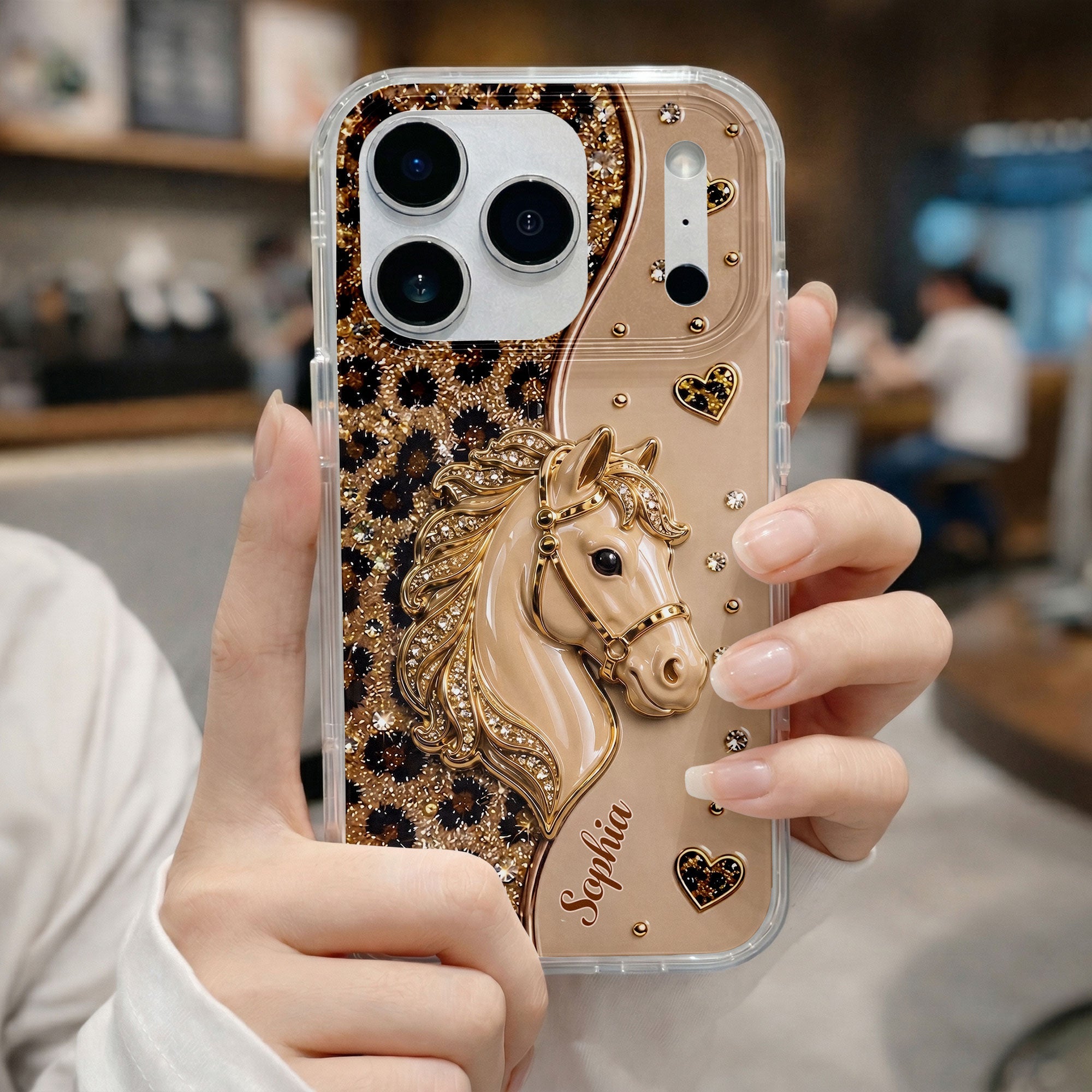 Personalized Clear Phone Case with 3D Horse Glitter Design for Gift