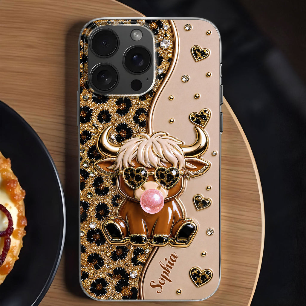 Personalized Clear Phone Case Highland Cow with Hearts Gift