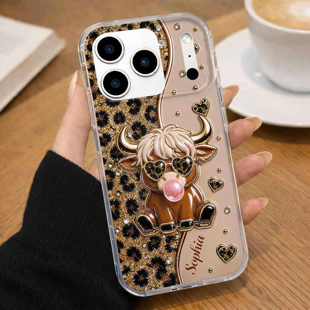 Personalized Clear Phone Case Highland Cow with Hearts Gift